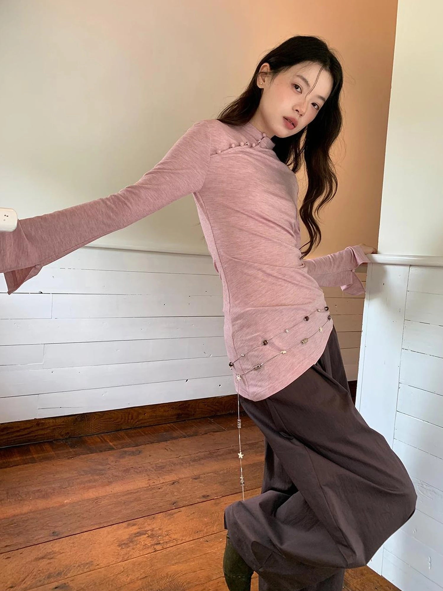 Chinese Knot Button Tunic Top With Flared Sleeves