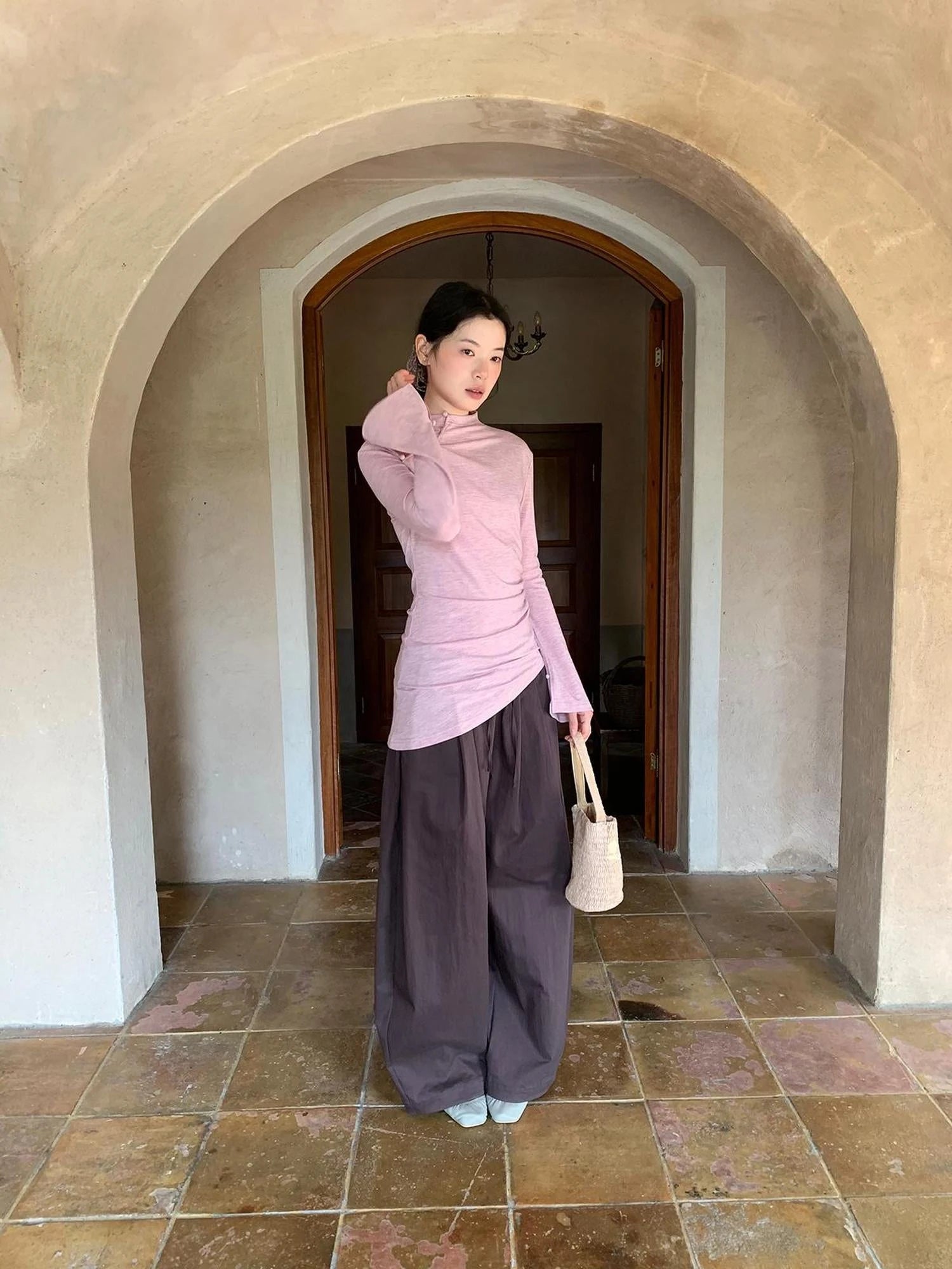 Chinese Knot Button Tunic Top With Flared Sleeves