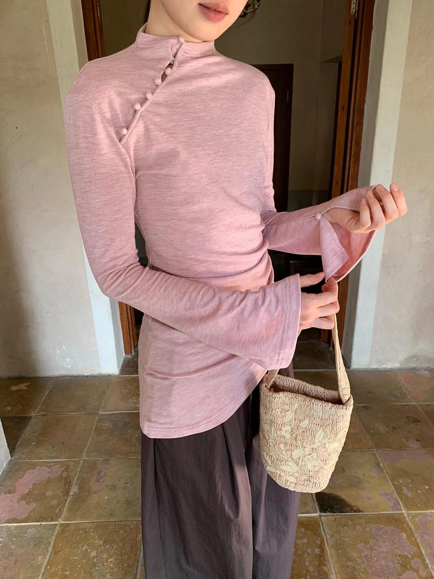 Chinese Knot Button Tunic Top With Flared Sleeves