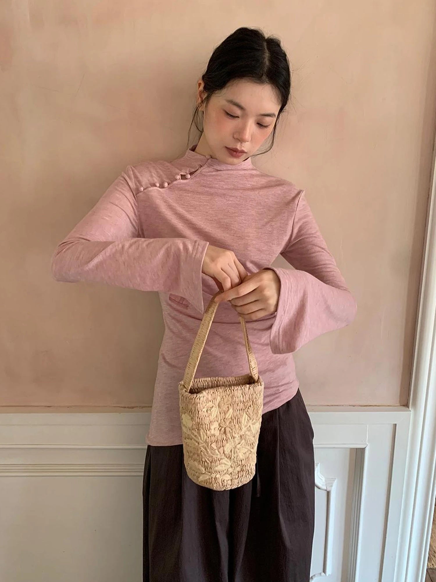 Chinese Knot Button Tunic Top With Flared Sleeves