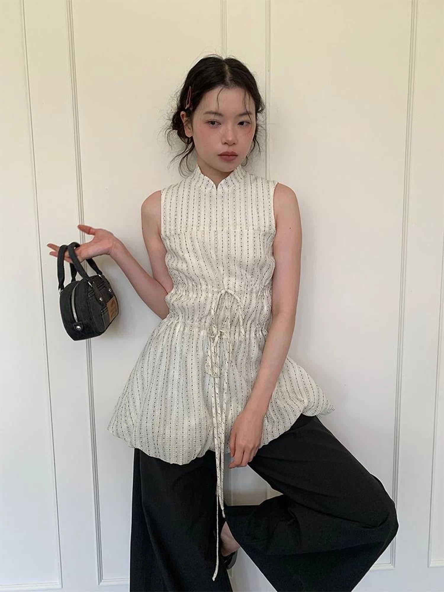 Chinese Stand Collar Drawstring Blouse With Floral Hem