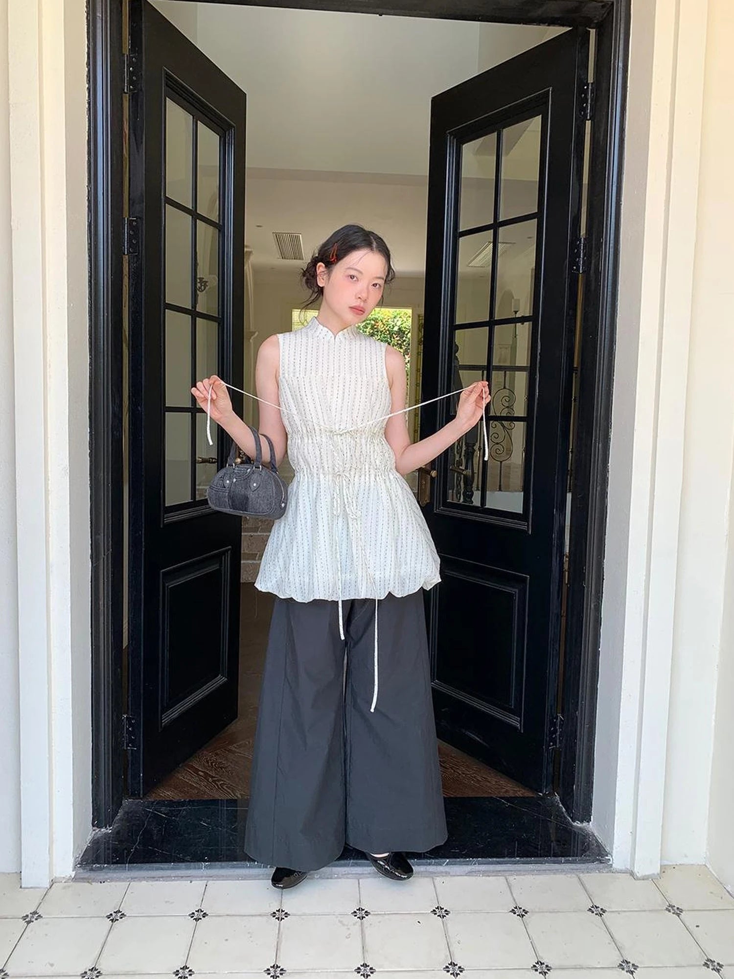 Chinese Stand Collar Drawstring Blouse With Floral Hem