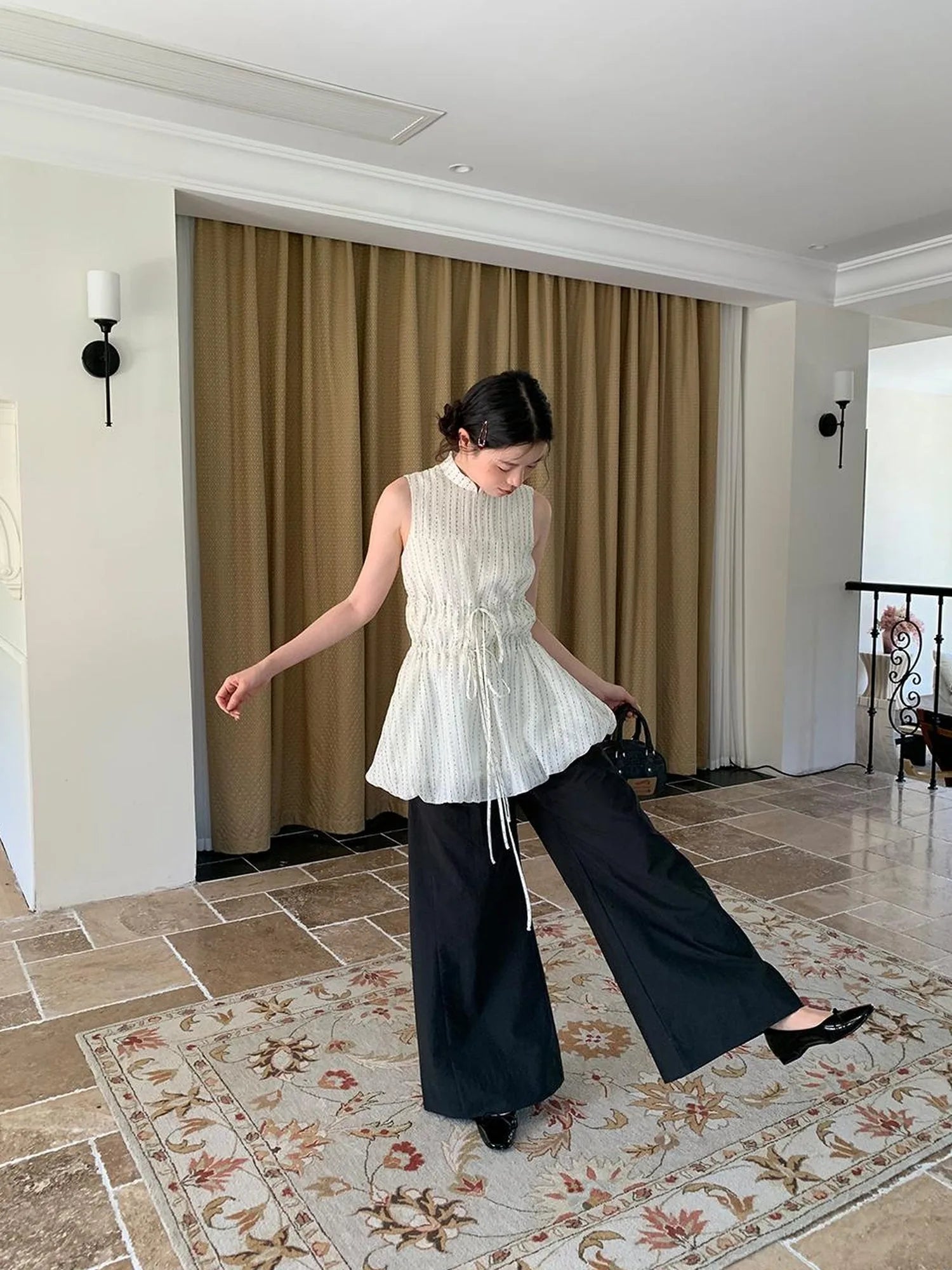 Chinese Stand Collar Drawstring Blouse With Floral Hem