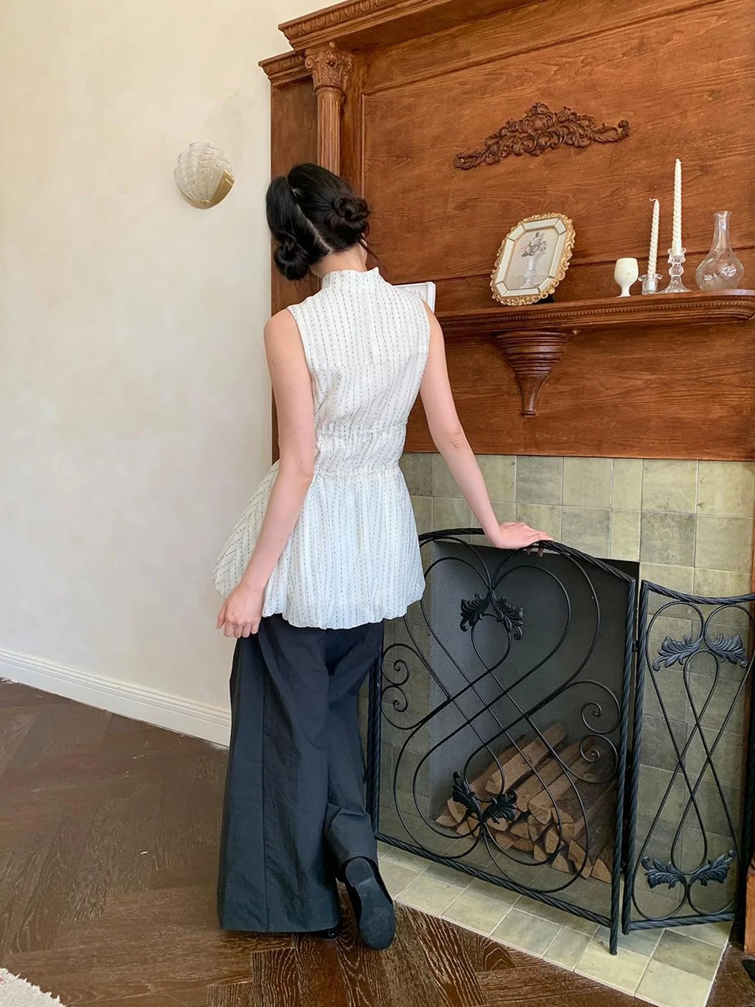 Chinese Stand Collar Drawstring Blouse With Floral Hem