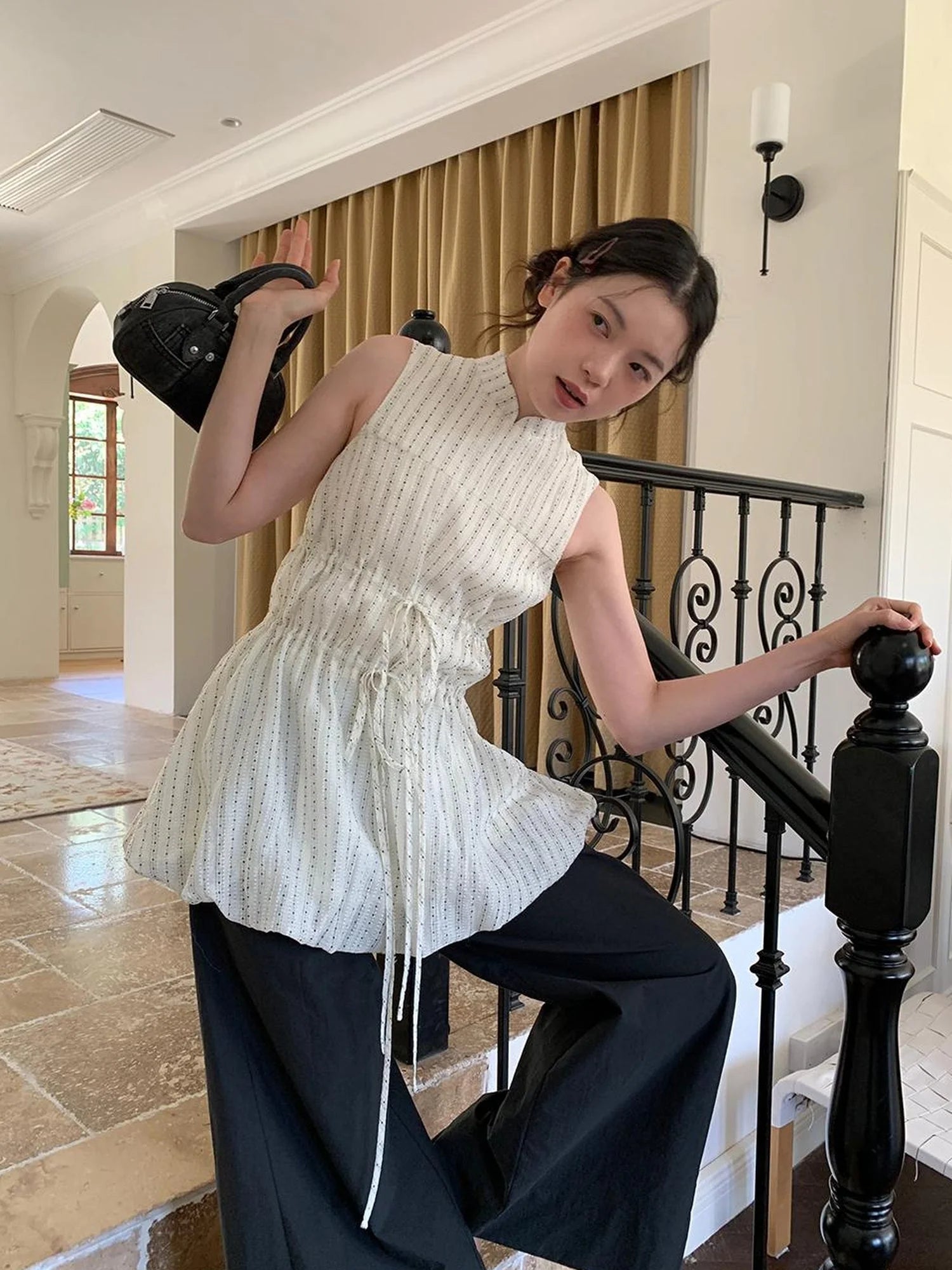 Chinese Stand Collar Drawstring Blouse With Floral Hem