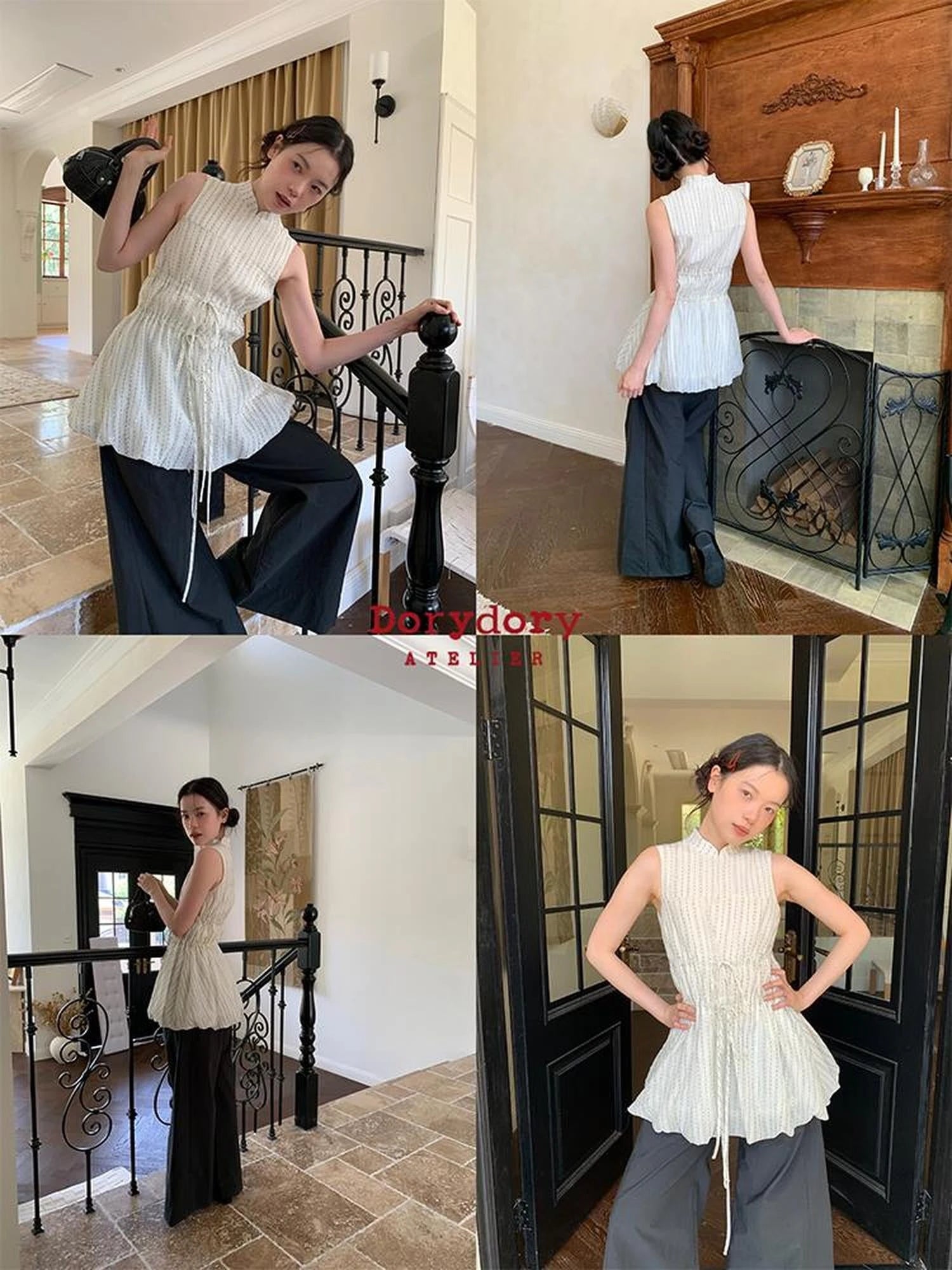 Chinese Stand Collar Drawstring Blouse With Floral Hem