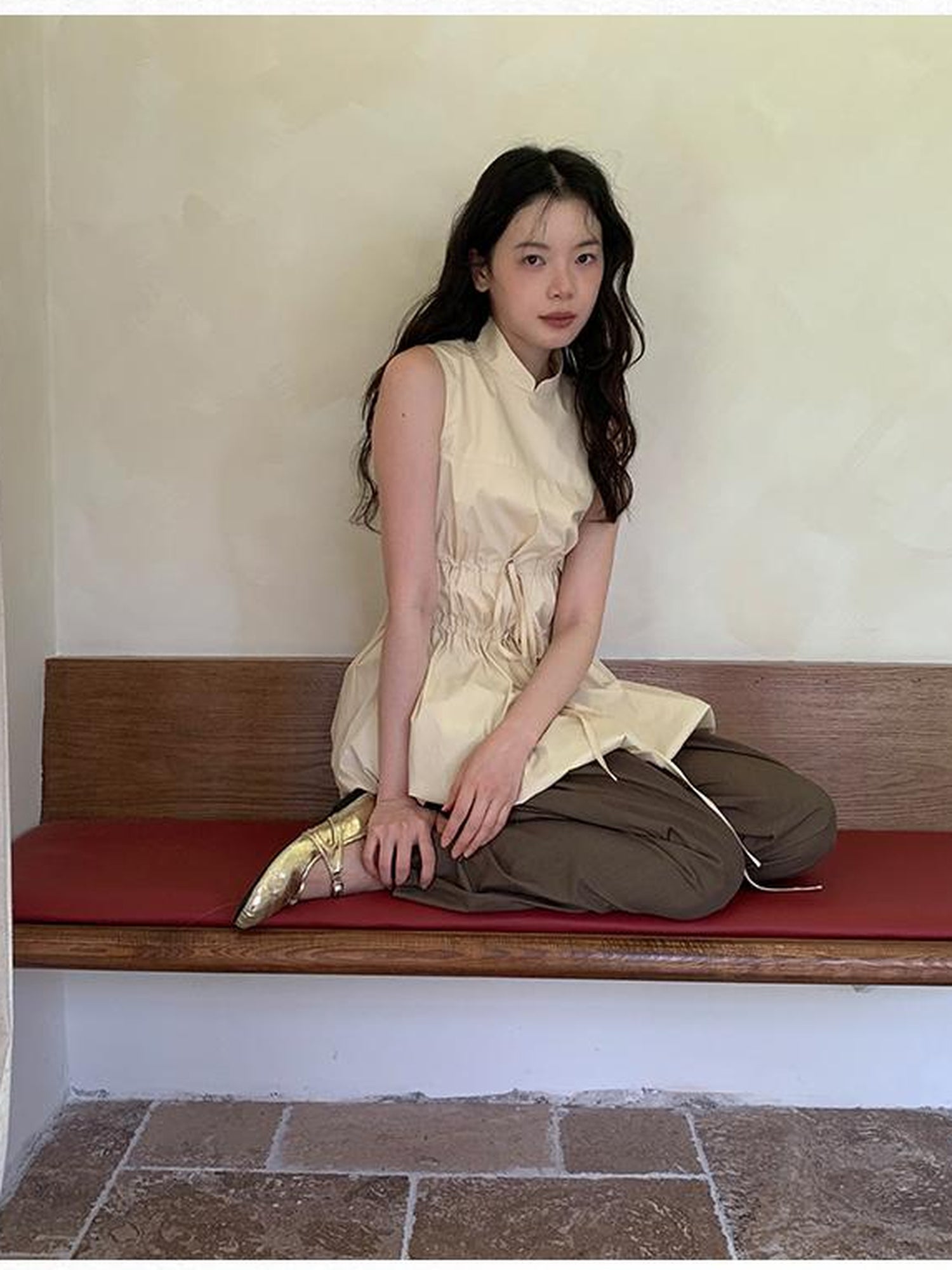 Dorydory Chinese Stand Collar Drawstring Blouse With Floral Hem