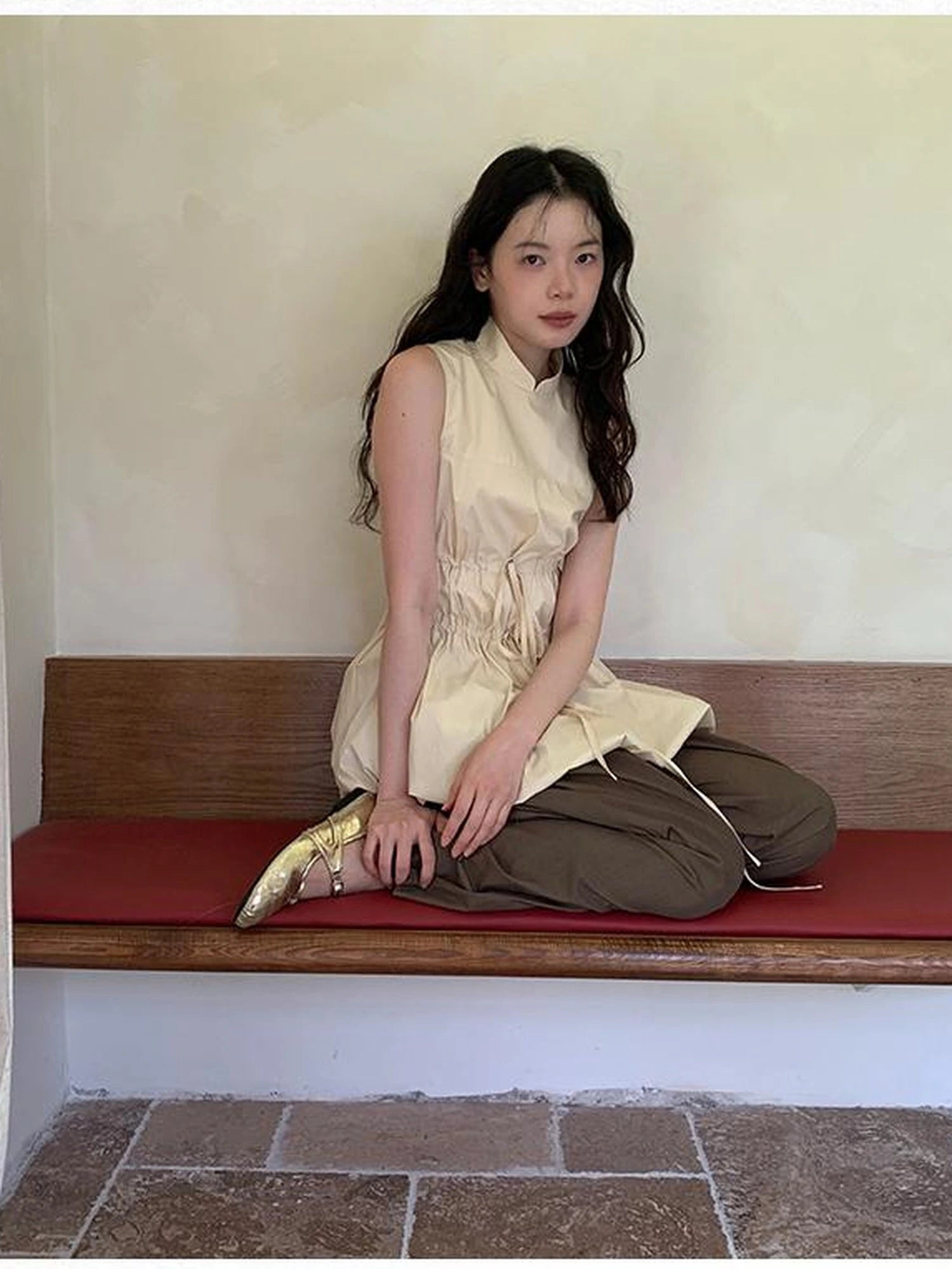 Chinese Stand Collar Drawstring Blouse With Floral Hem