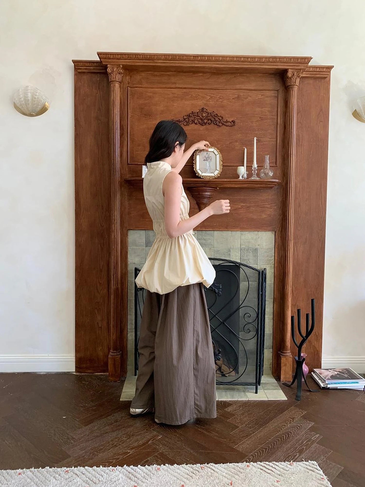 Chinese Stand Collar Drawstring Blouse With Floral Hem