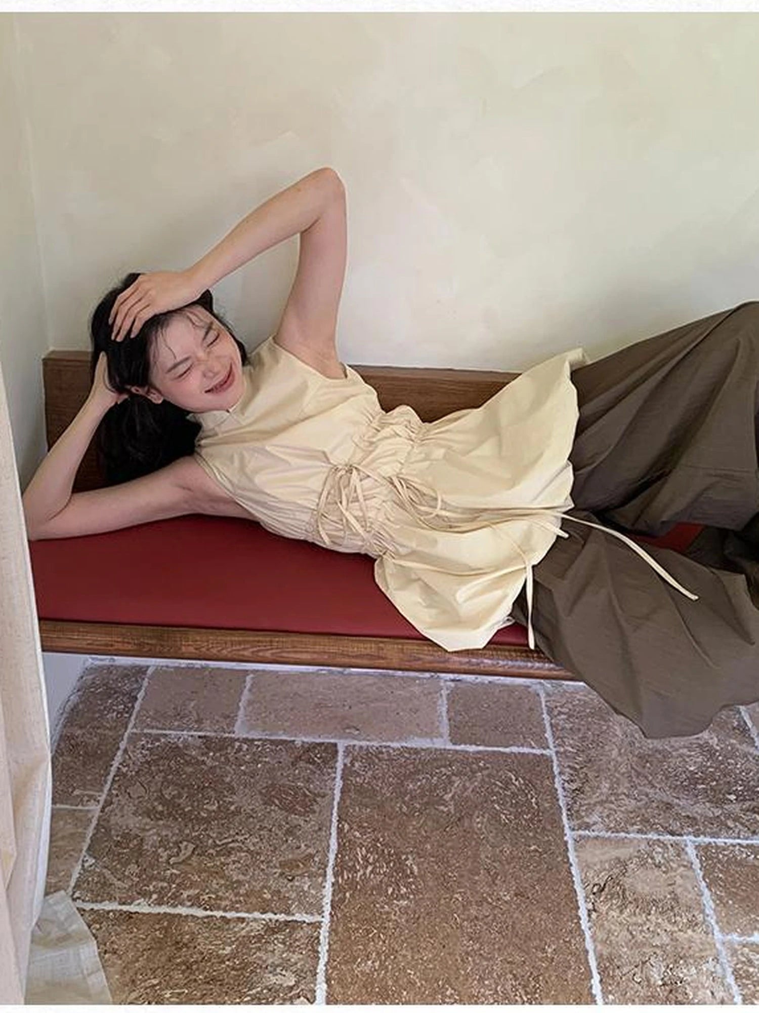 Chinese Stand Collar Drawstring Blouse With Floral Hem