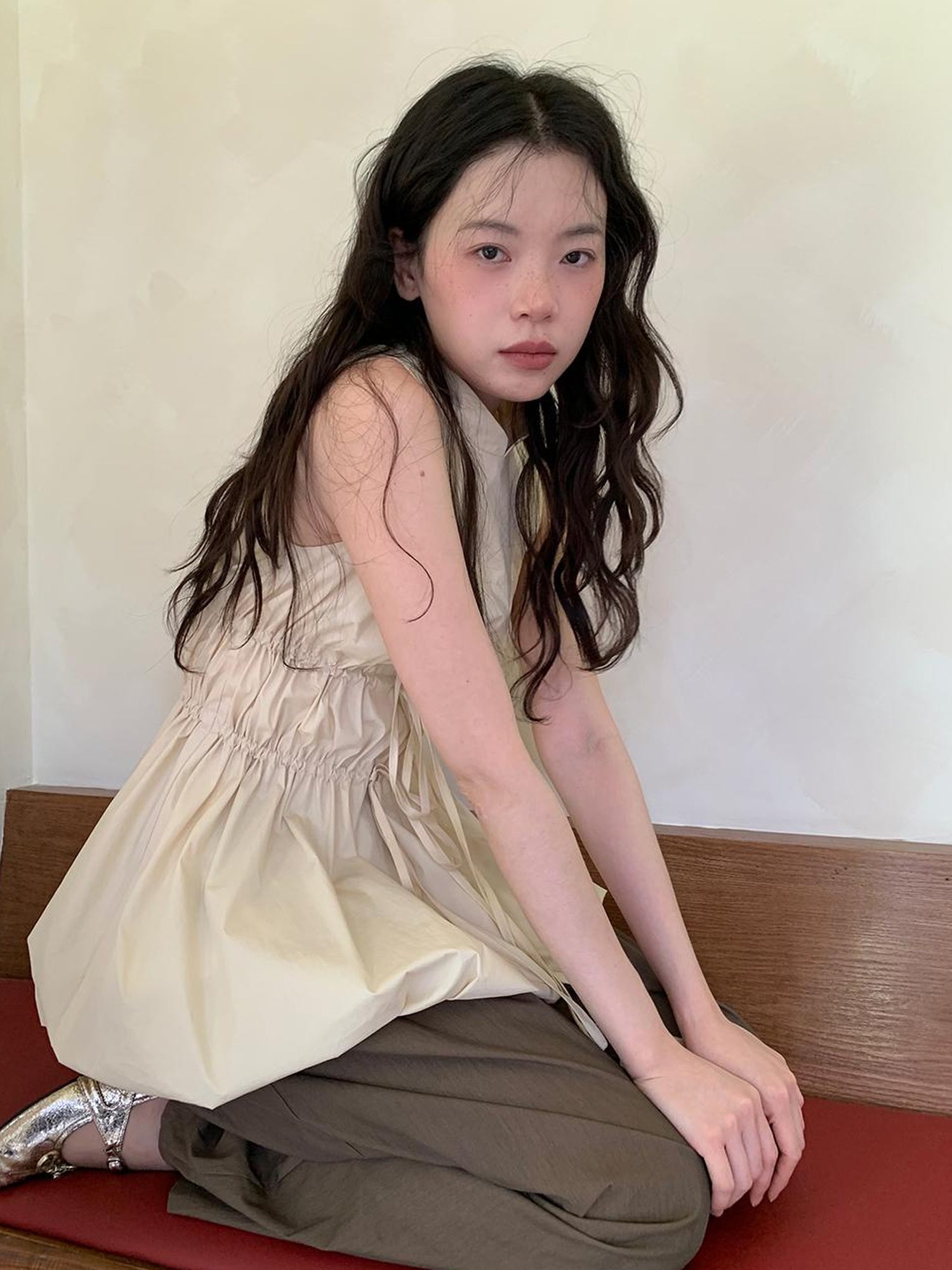 Dorydory Chinese Stand Collar Drawstring Blouse With Floral Hem