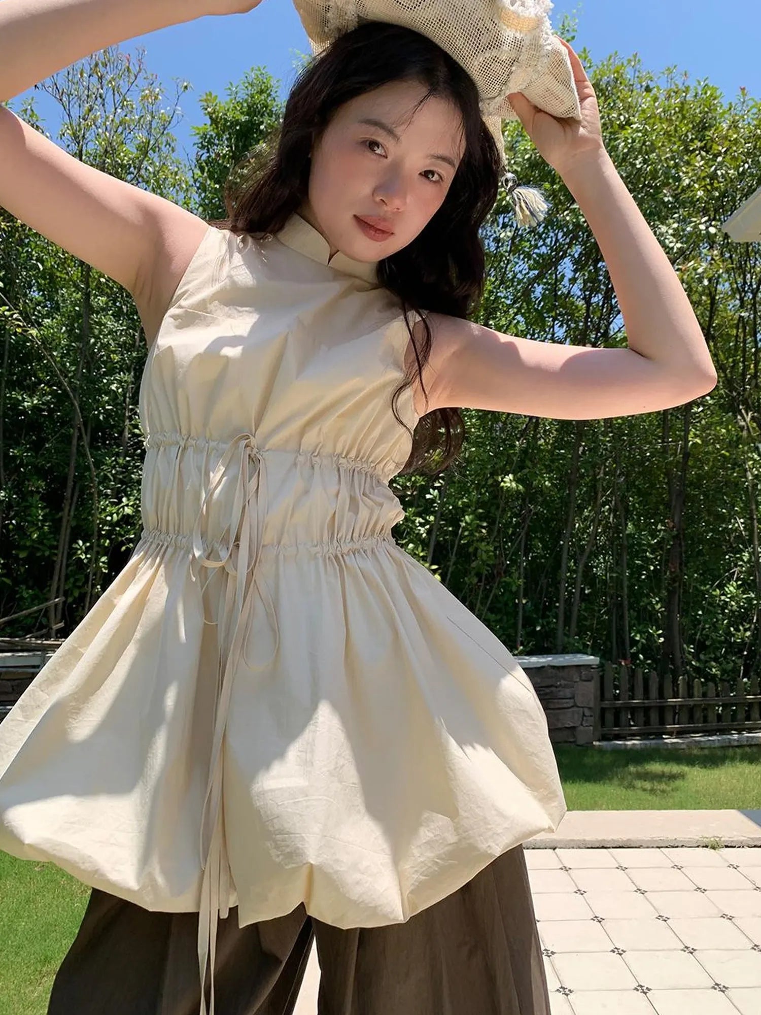 Chinese Stand Collar Drawstring Blouse With Floral Hem