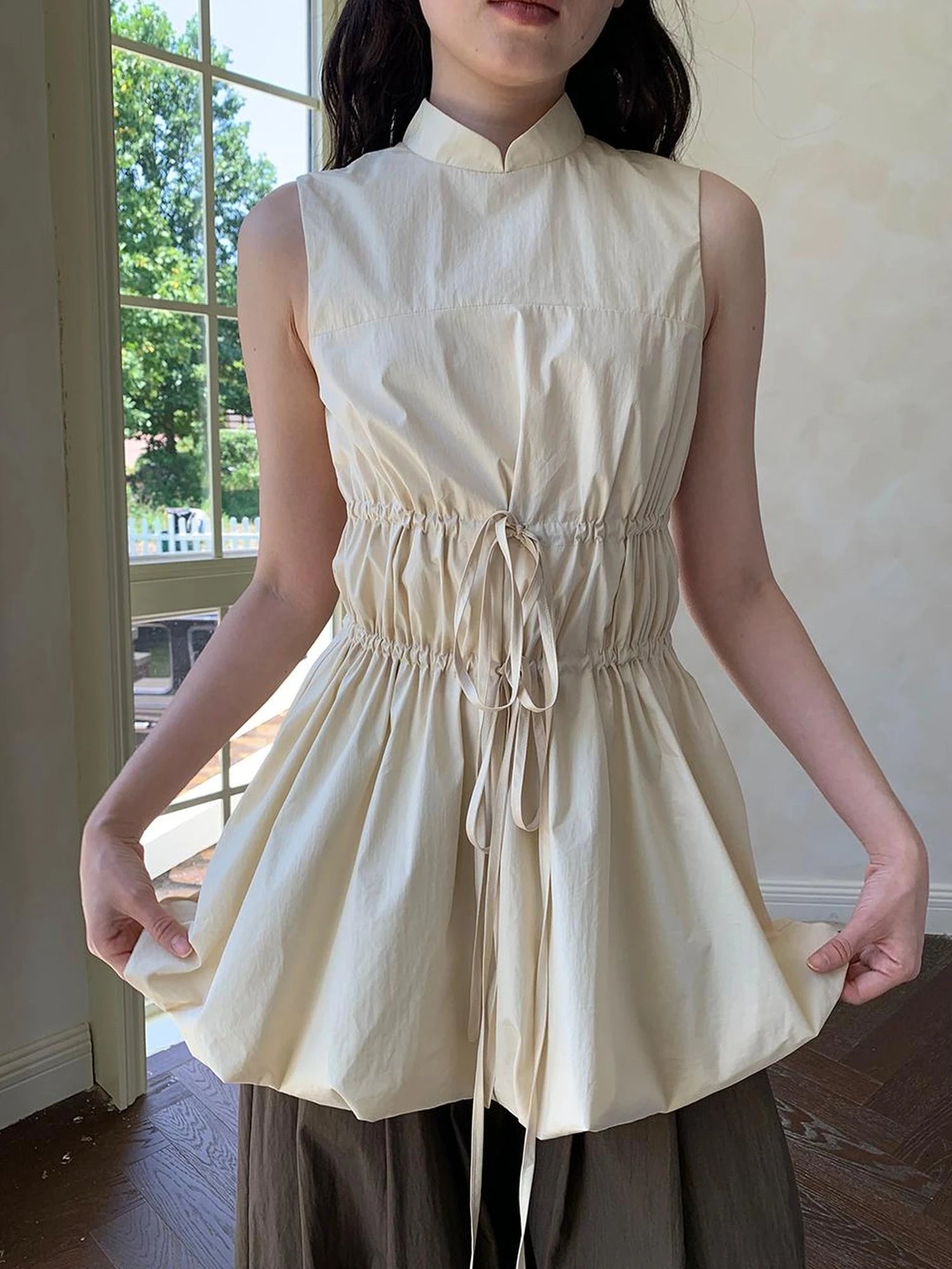 Chinese Stand Collar Drawstring Blouse With Floral Hem