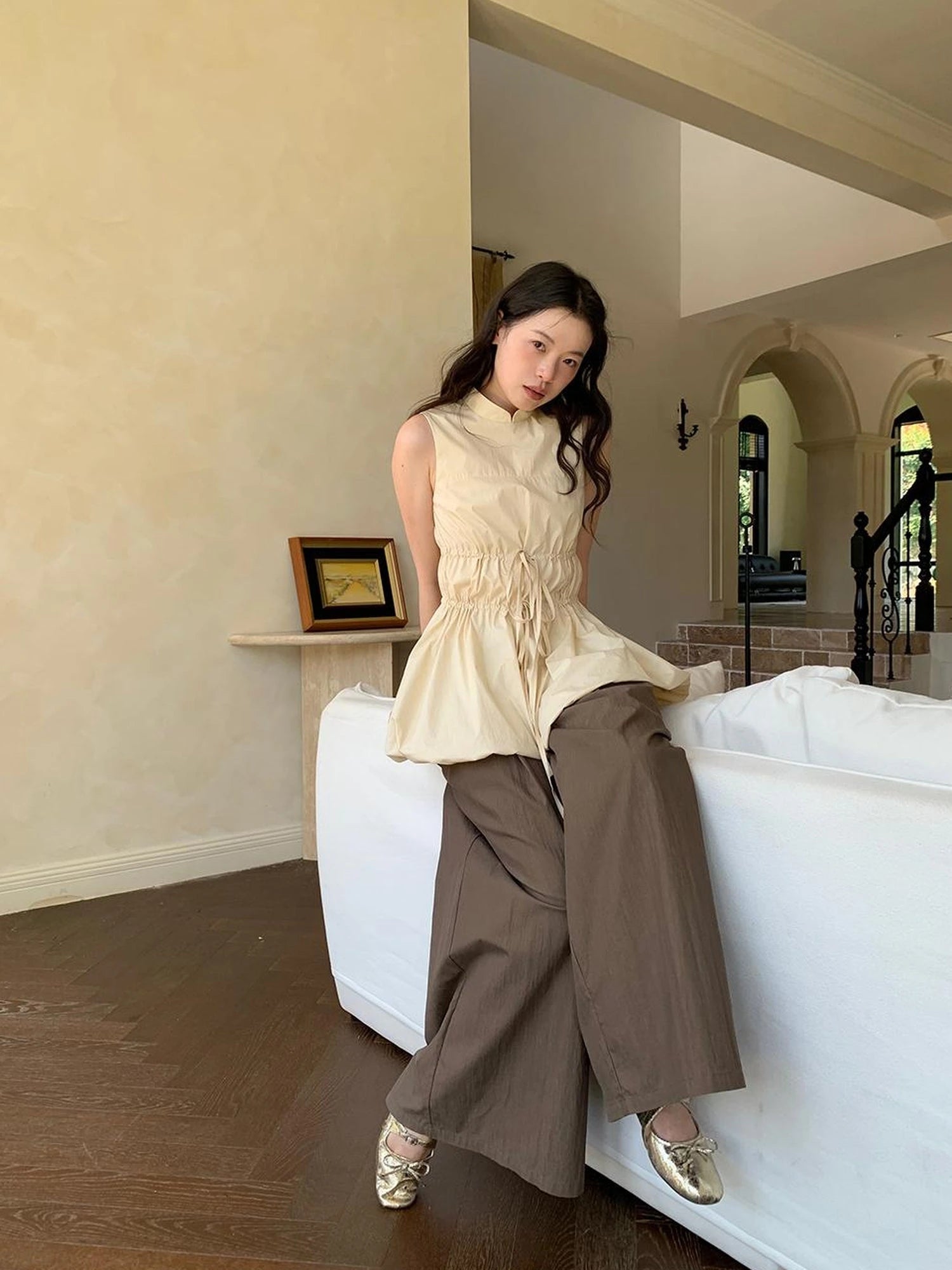 Chinese Stand Collar Drawstring Blouse With Floral Hem