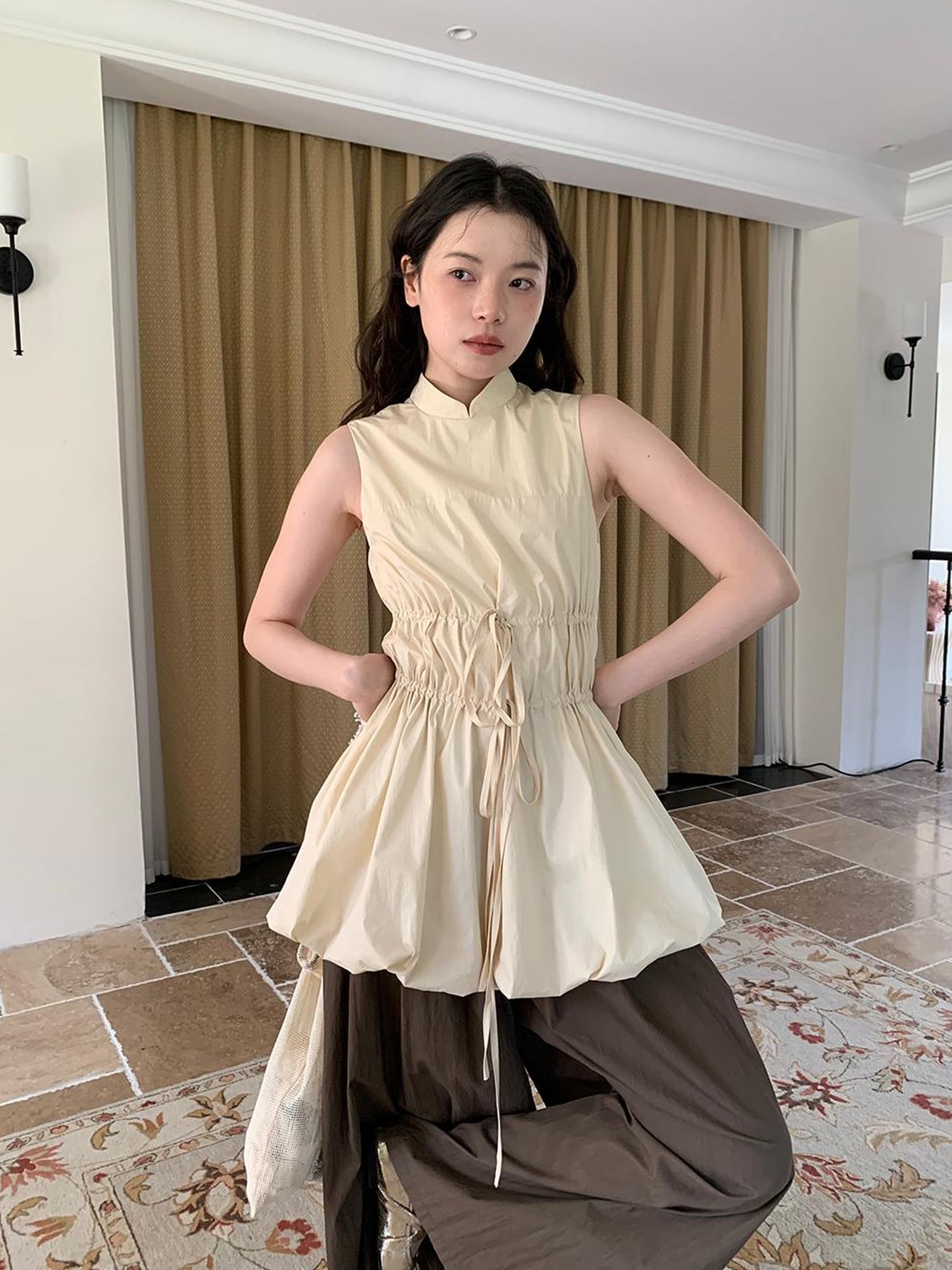 Dorydory Chinese Stand Collar Drawstring Blouse With Floral Hem