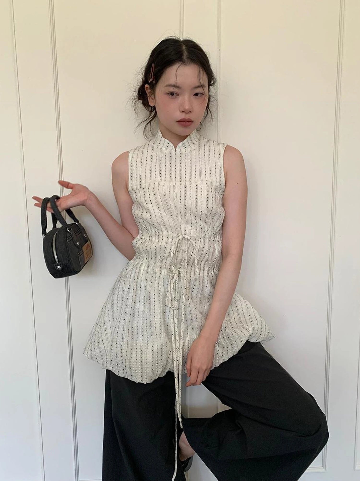 Chinese Stand Collar Drawstring Blouse With Floral Hem