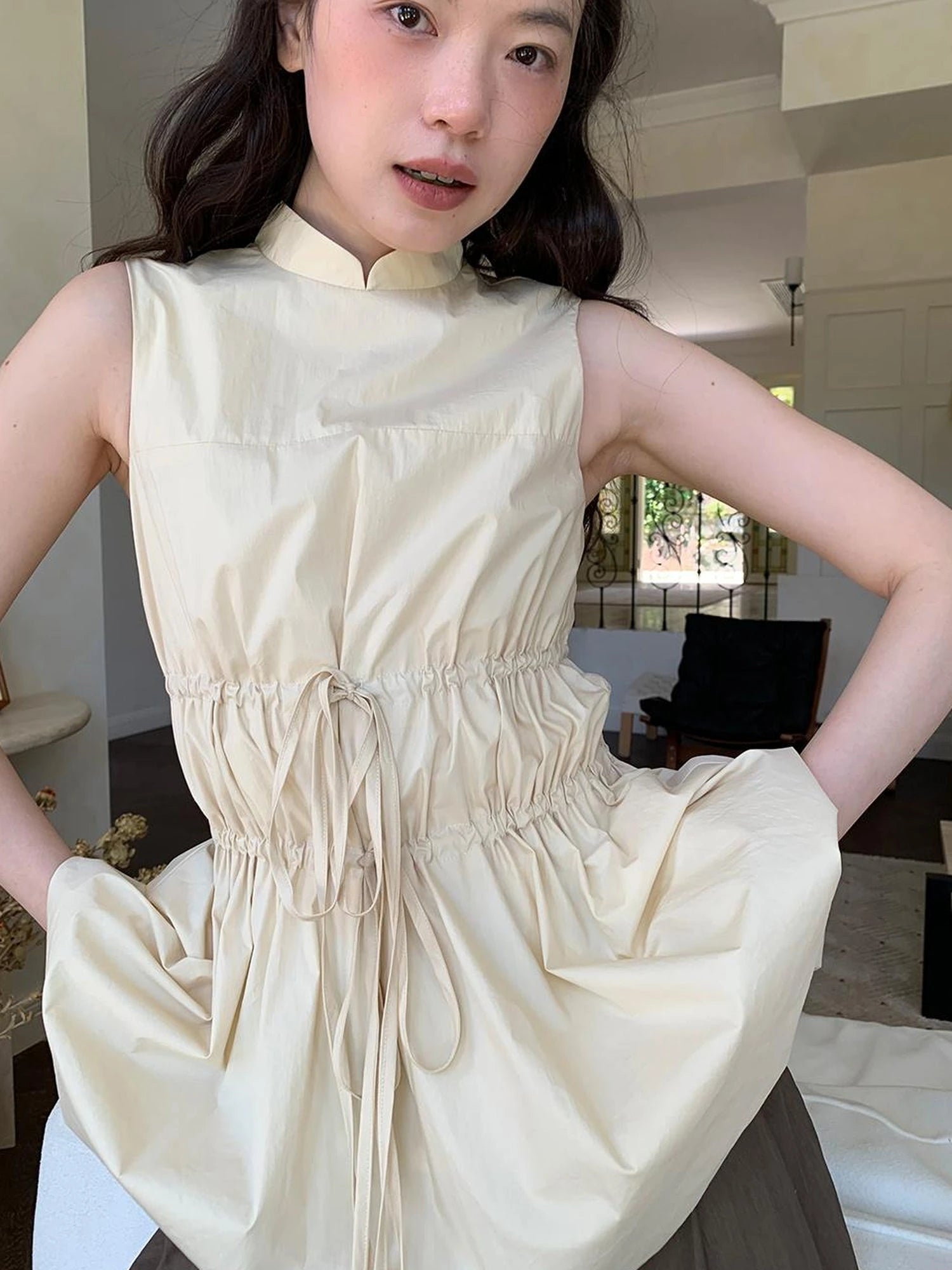 Chinese Stand Collar Drawstring Blouse With Floral Hem