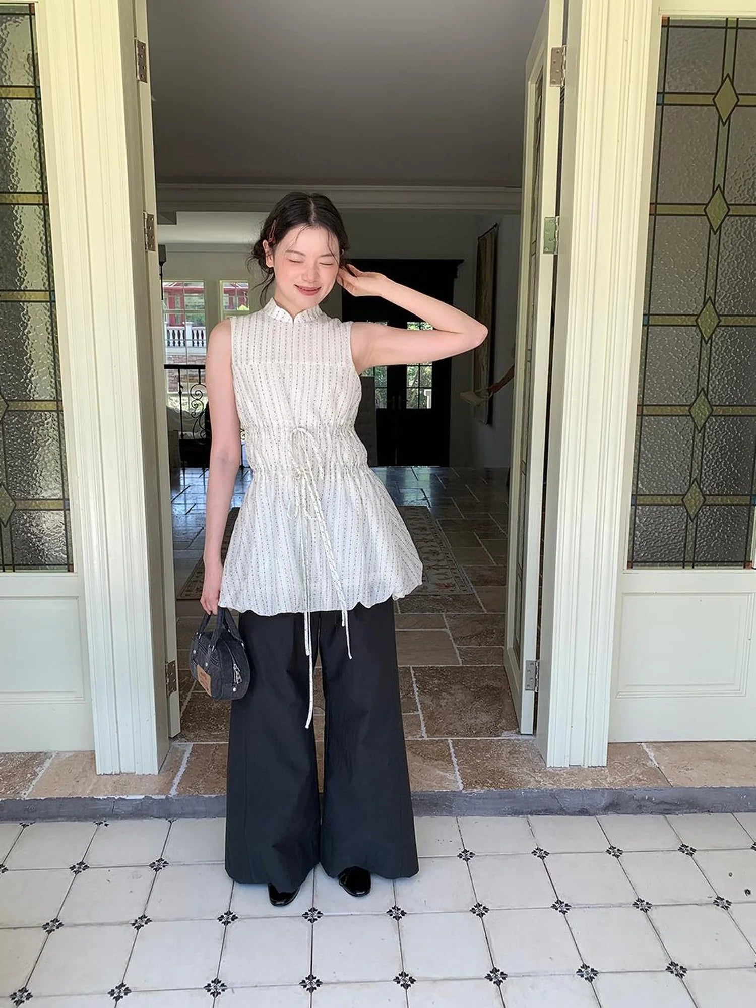 Chinese Stand Collar Drawstring Blouse With Floral Hem