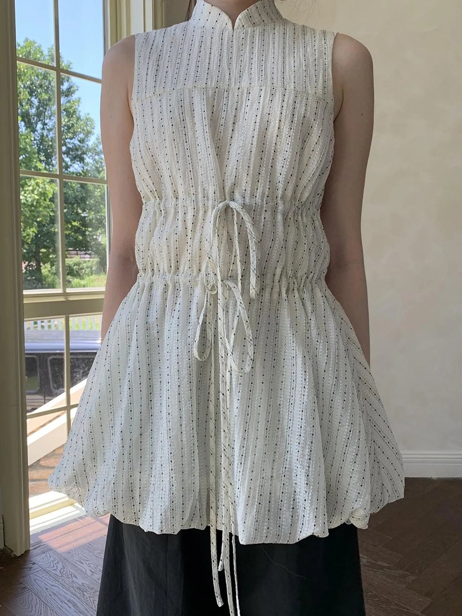 Chinese Stand Collar Drawstring Blouse With Floral Hem