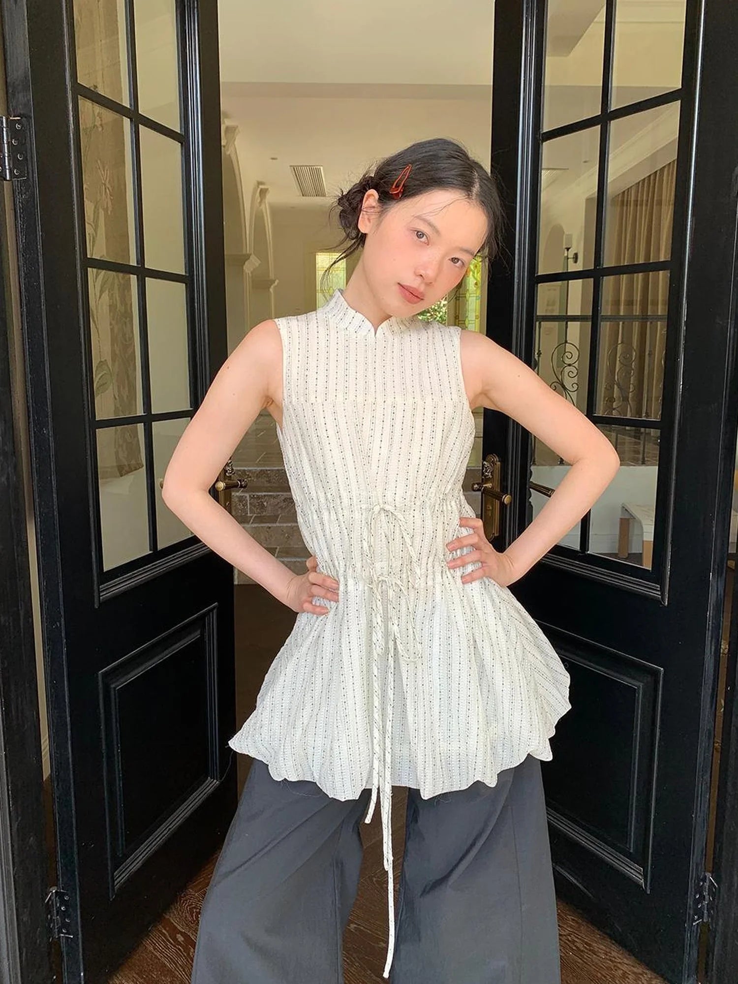 Chinese Stand Collar Drawstring Blouse With Floral Hem