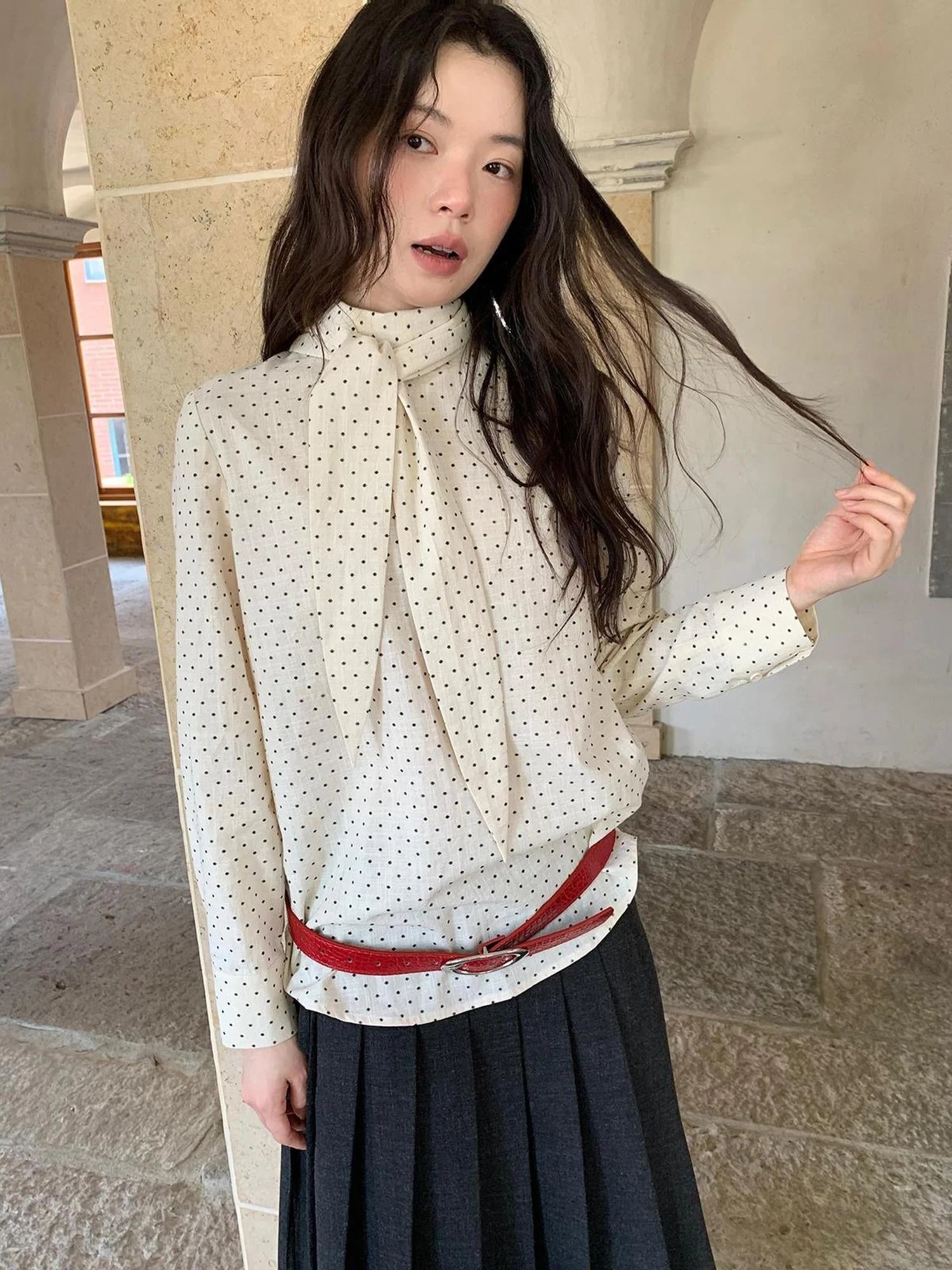 Classic Dot Bow Tie Blouse With Detachable High Collar