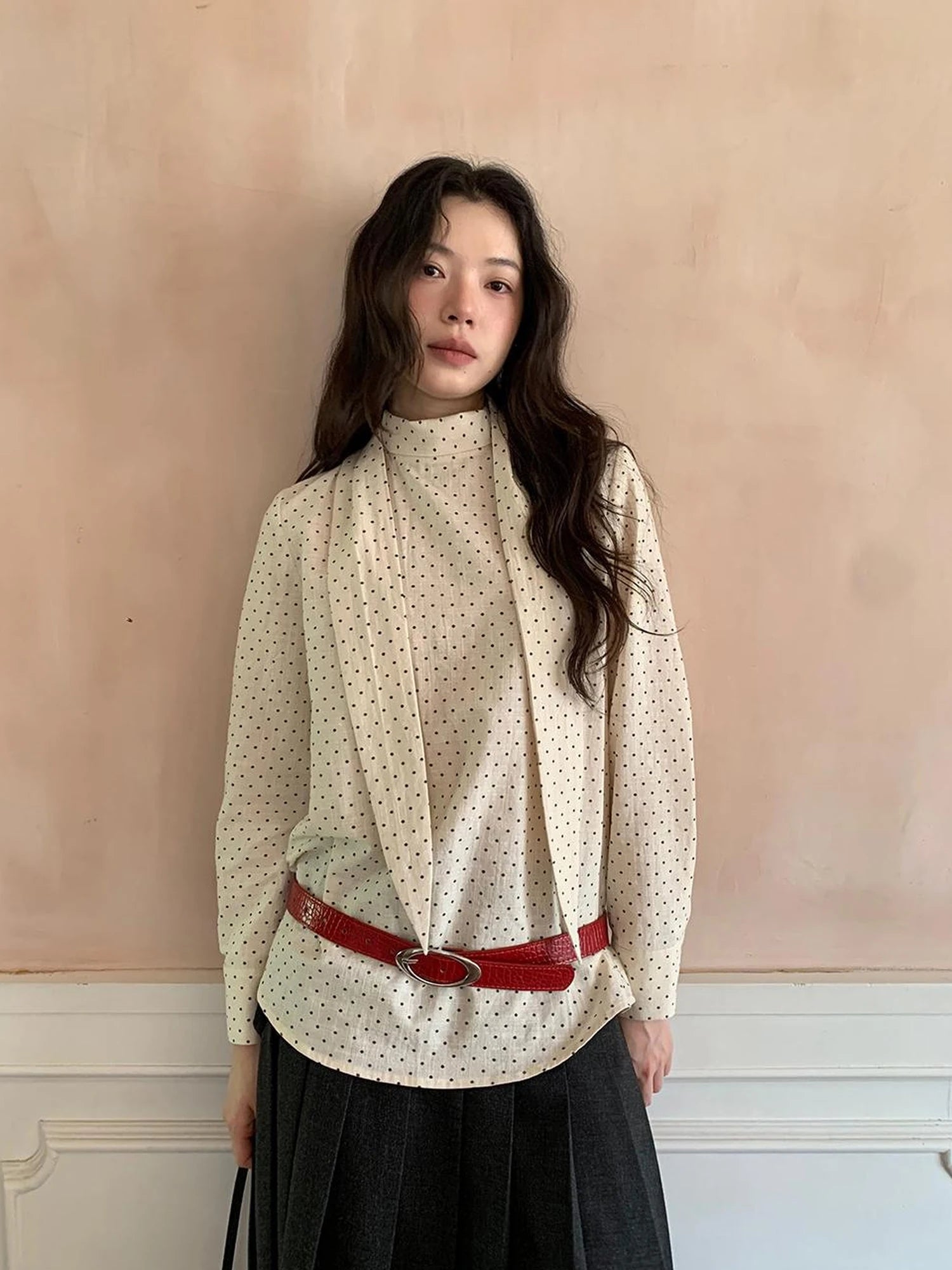 Classic Dot Bow Tie Blouse With Detachable High Collar