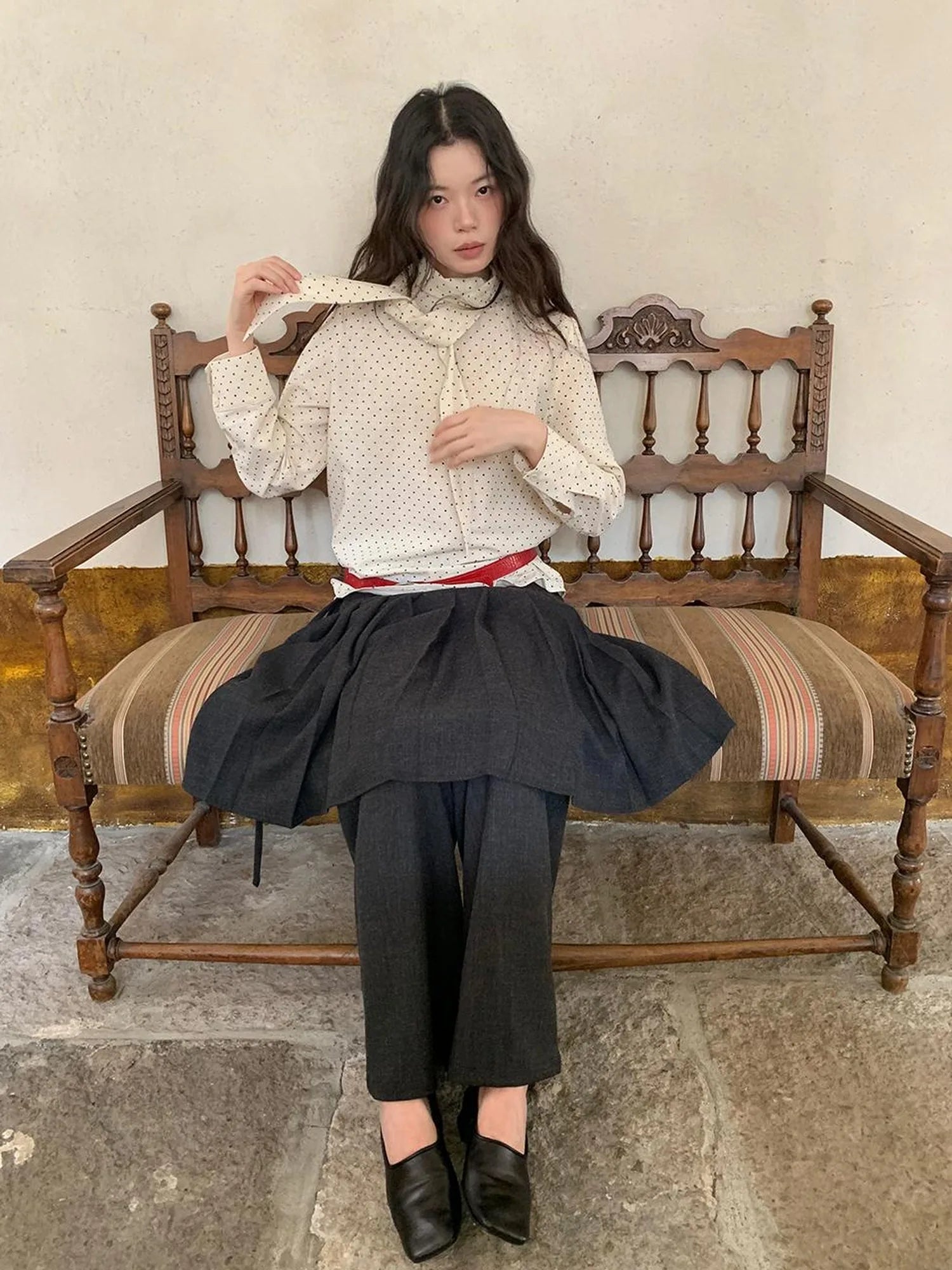 Classic Dot Bow Tie Blouse With Detachable High Collar