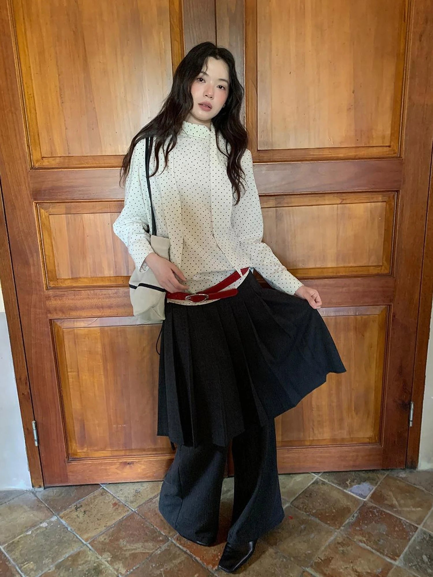 Classic Dot Bow Tie Blouse With Detachable High Collar