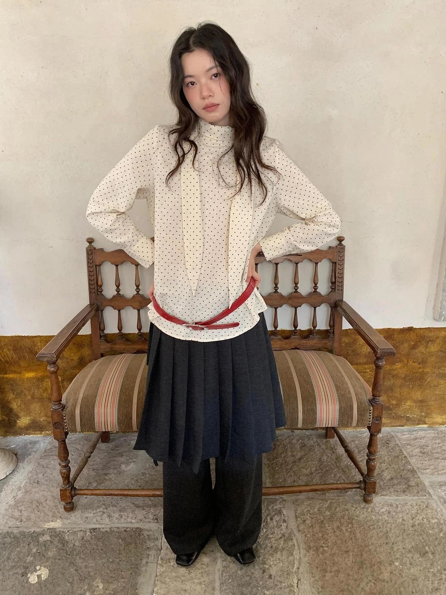 Classic Dot Bow Tie Blouse With Detachable High Collar