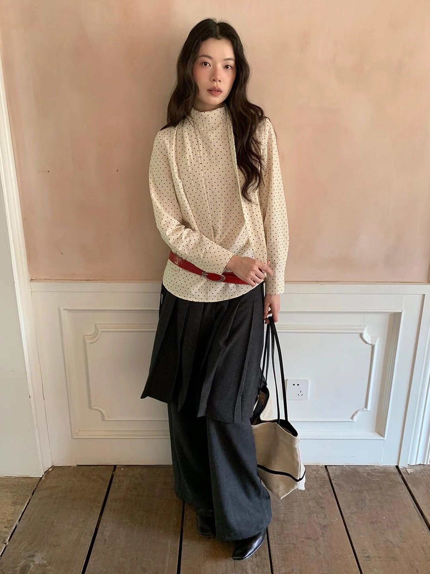 Classic Dot Bow Tie Blouse With Detachable High Collar