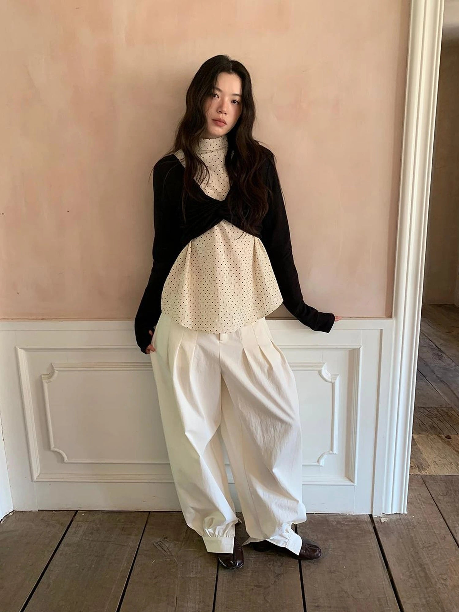 Classic Dot Bow Tie Blouse With Detachable High Collar