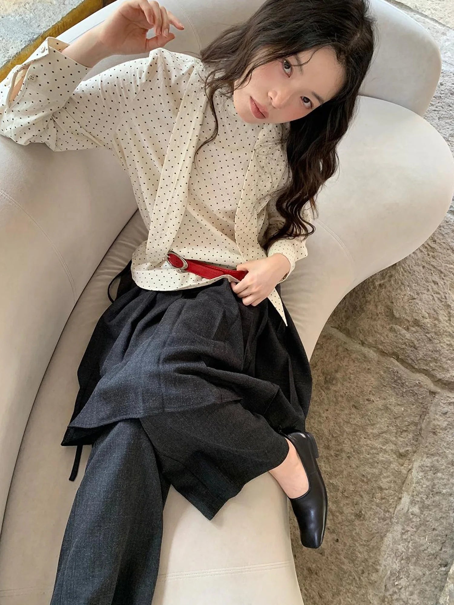 Classic Dot Bow Tie Blouse With Detachable High Collar