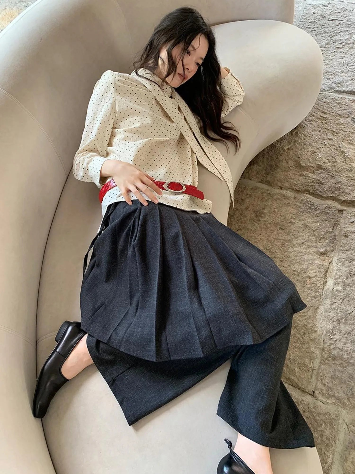 Classic Dot Bow Tie Blouse With Detachable High Collar