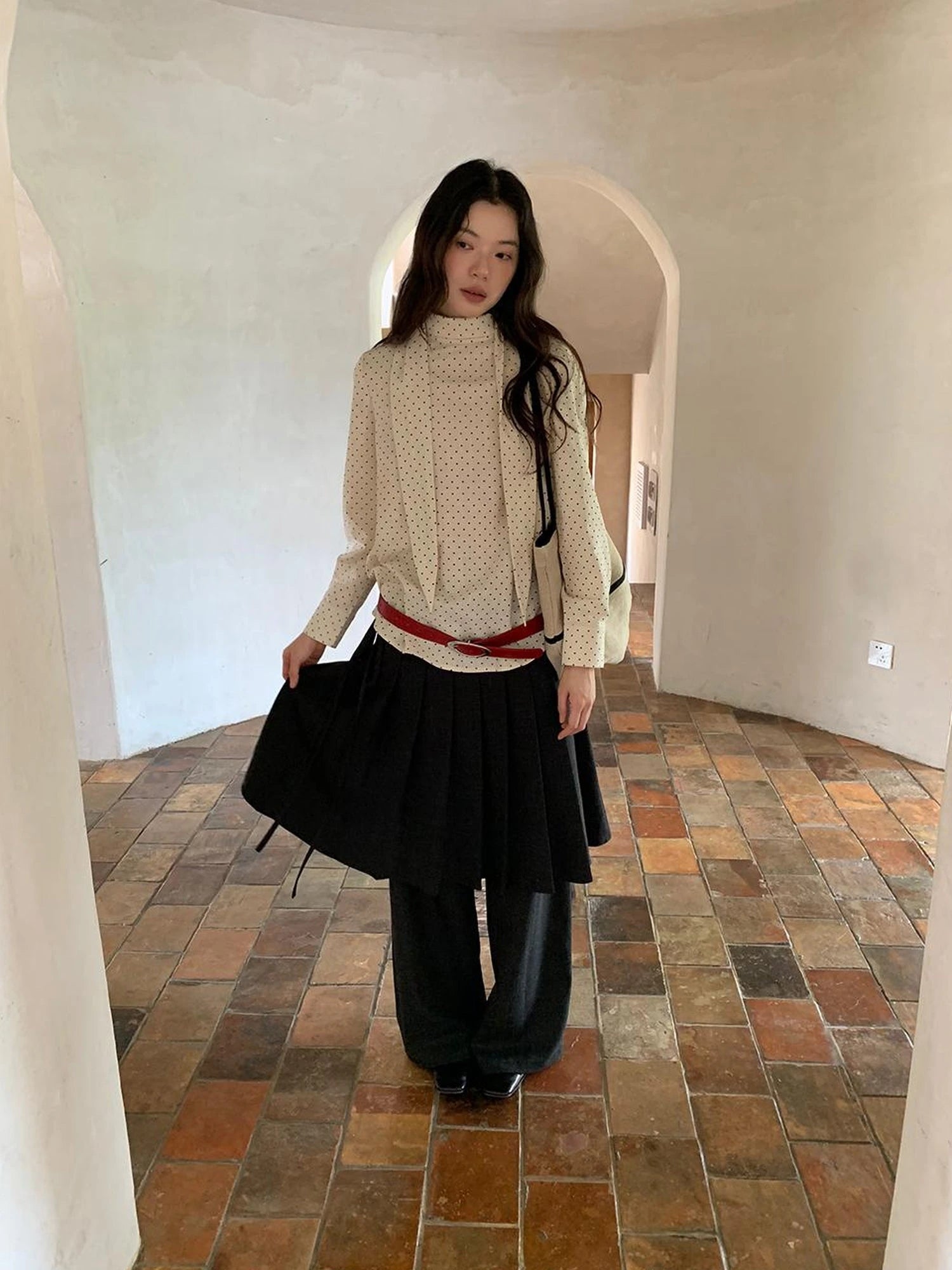 Classic Dot Bow Tie Blouse With Detachable High Collar