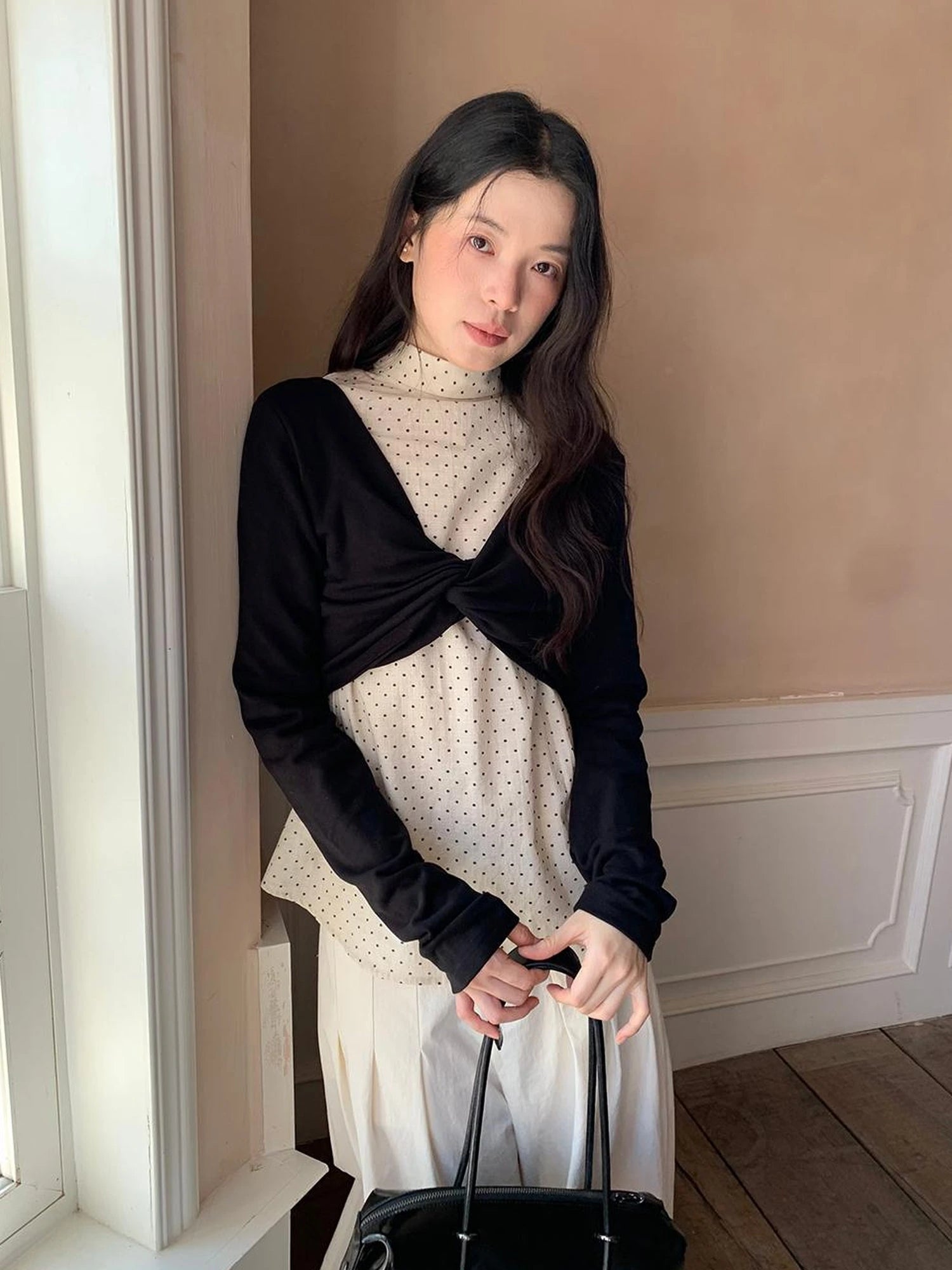 Classic Dot Bow Tie Blouse With Detachable High Collar