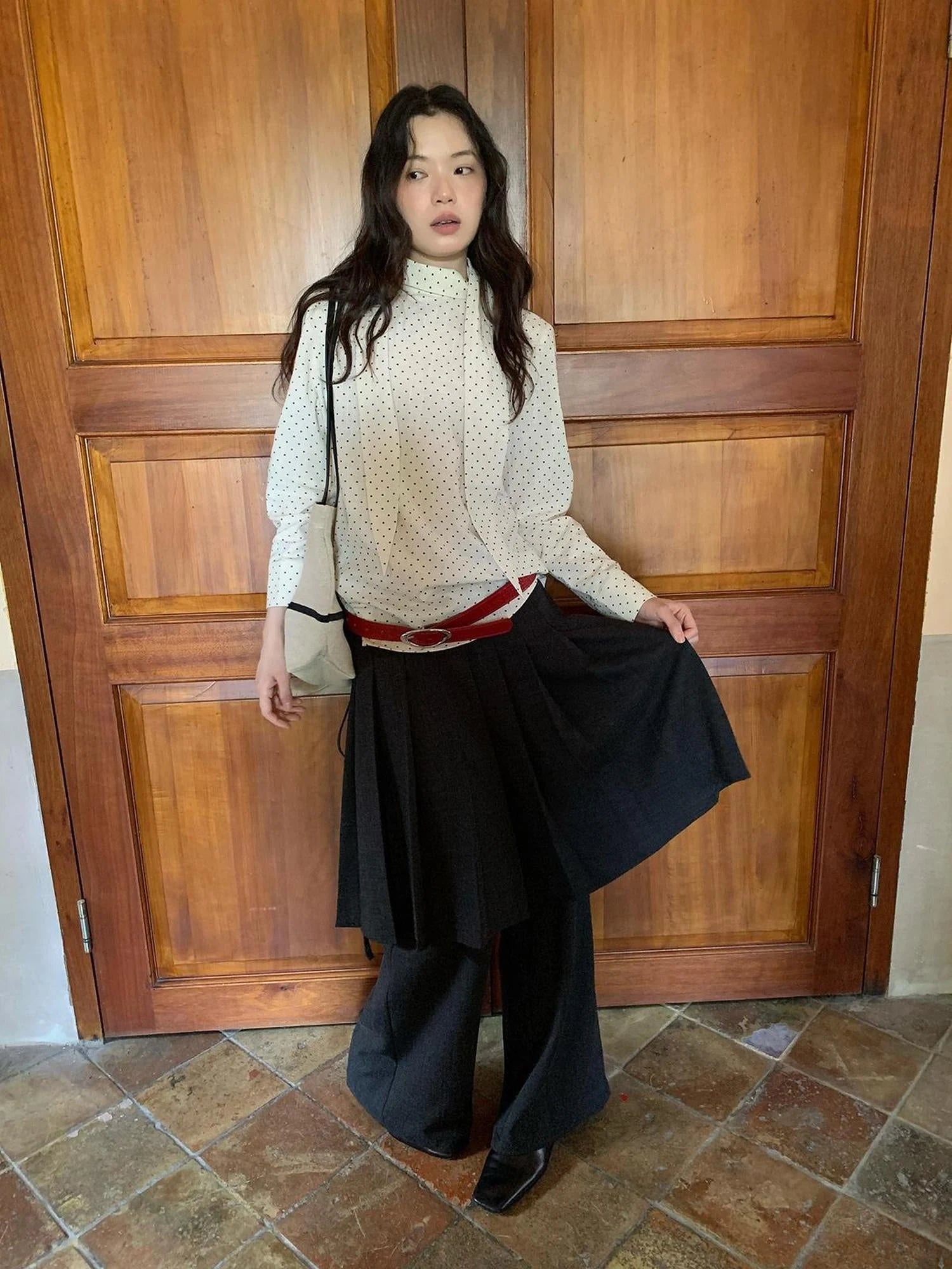 Classic Dot Bow Tie Blouse With Detachable High Collar