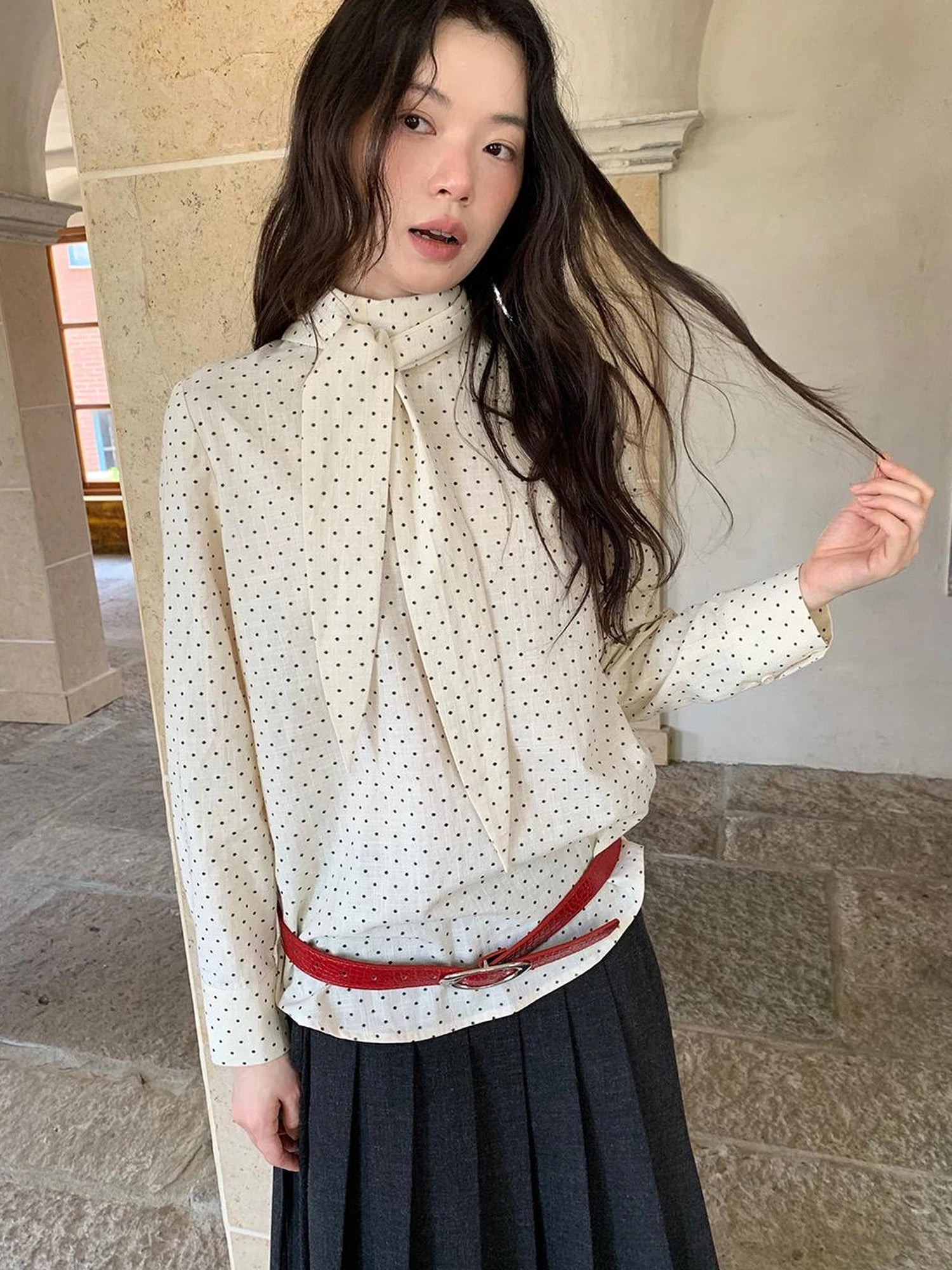 Classic Dot Bow Tie Blouse With Detachable High Collar