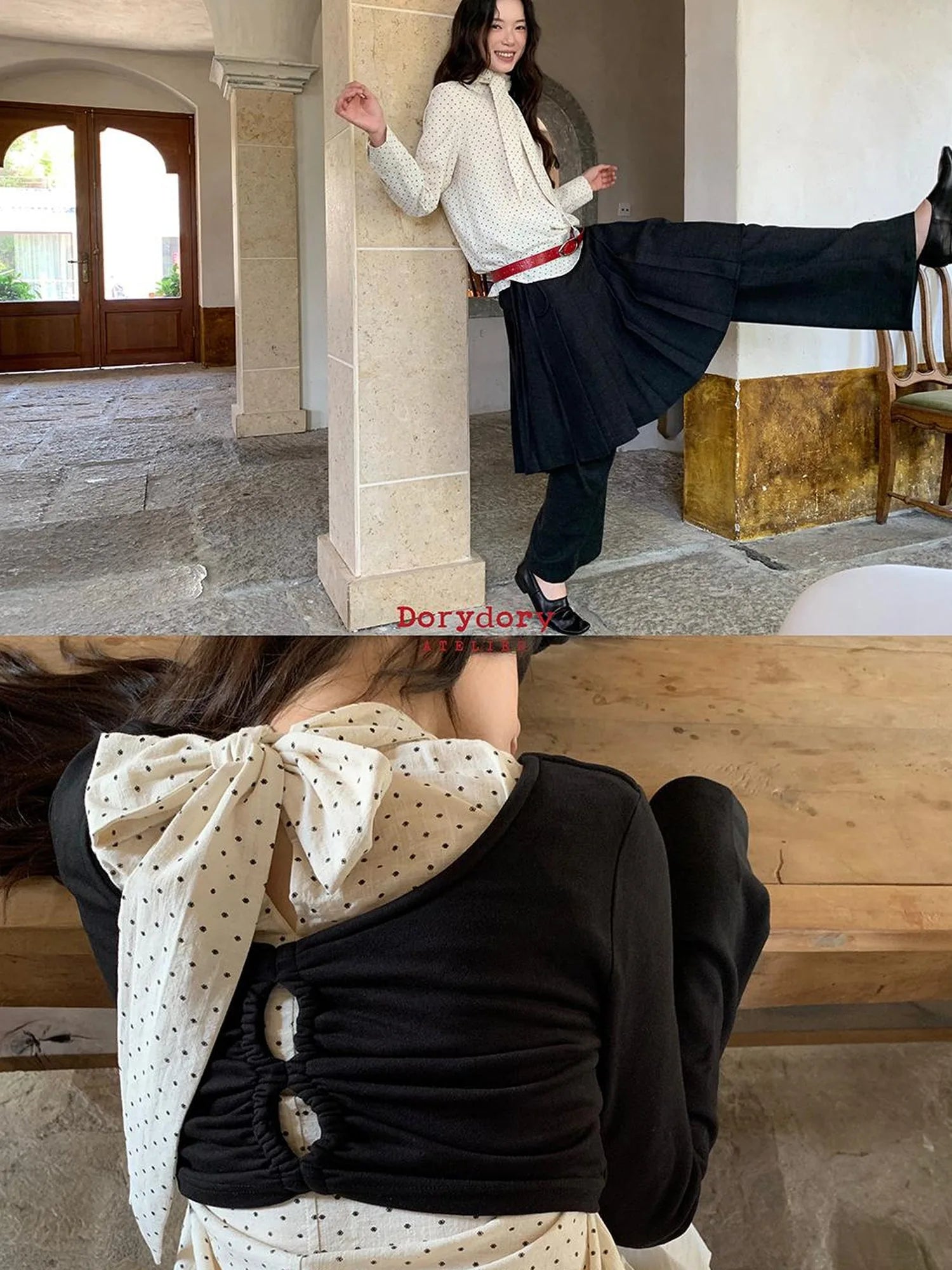 Classic Dot Bow Tie Blouse With Detachable High Collar