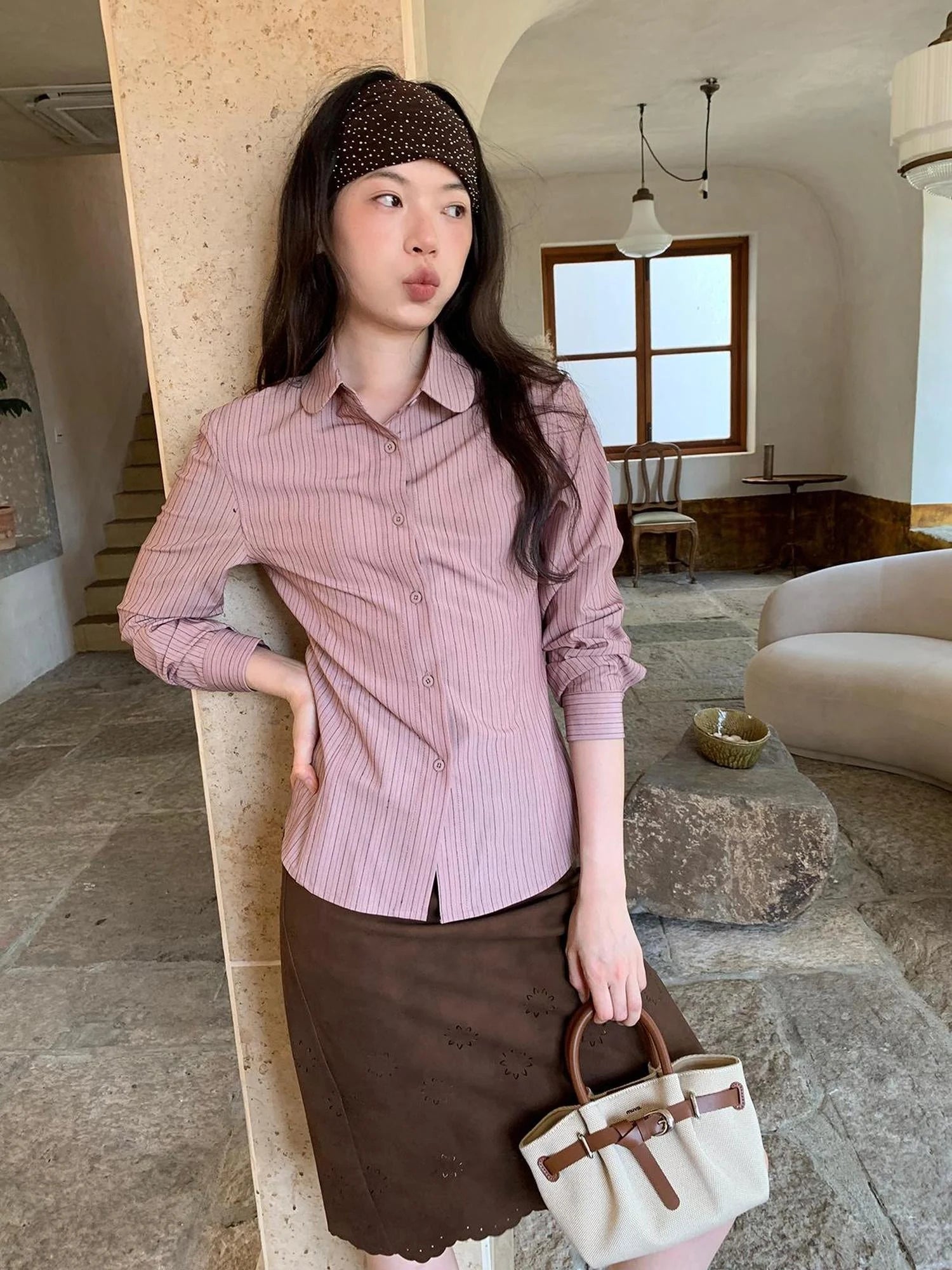 Classic Slim Fit Striped Shirt For Women With Waist Definition
