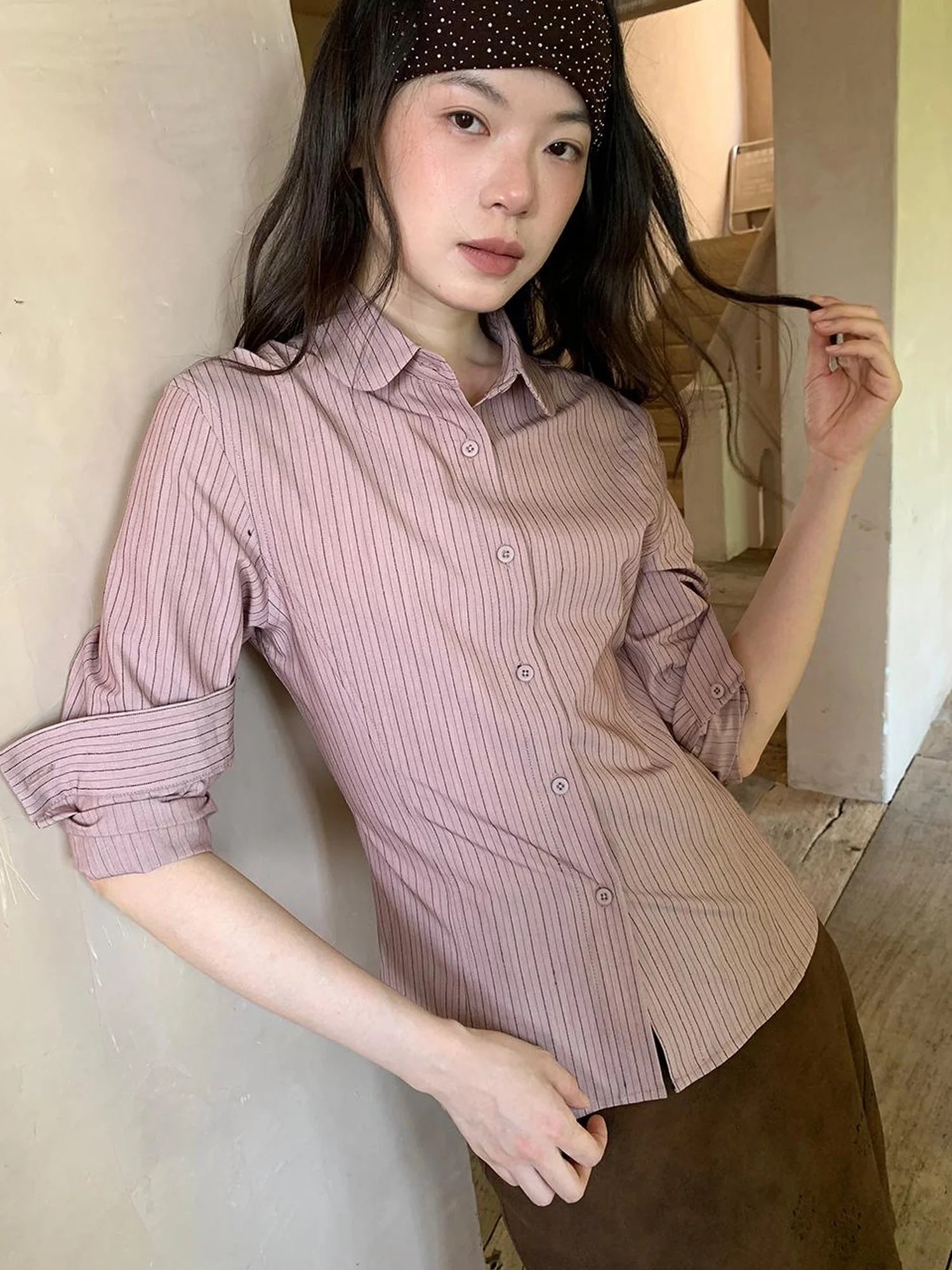 Classic Slim Fit Striped Shirt For Women With Waist Definition