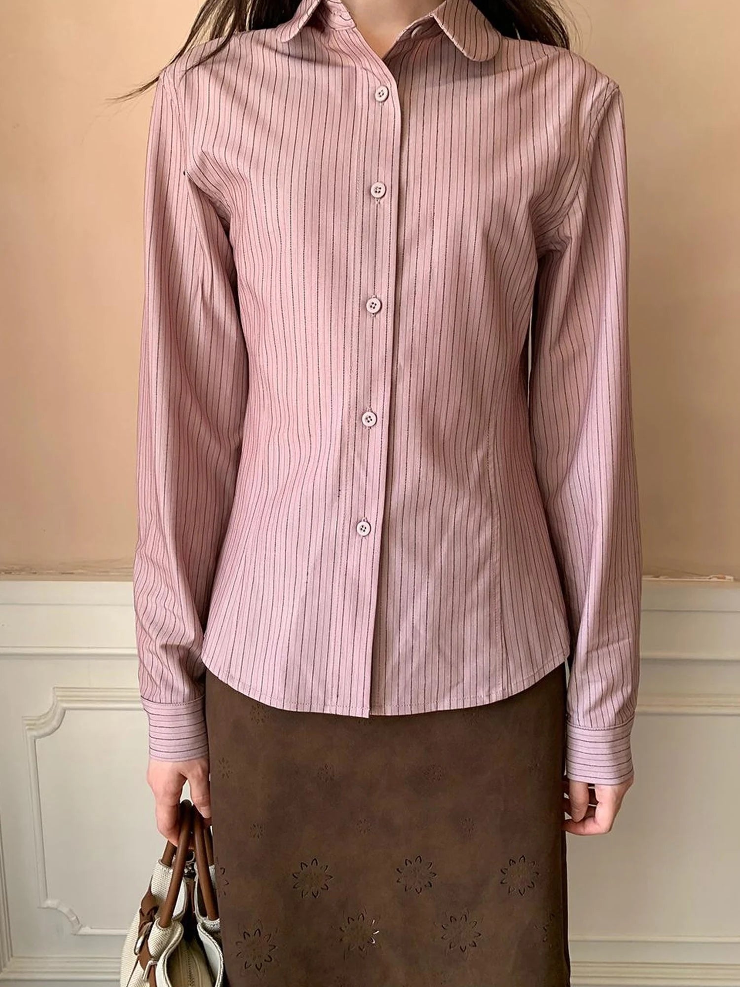 Classic Slim Fit Striped Shirt For Women With Waist Definition