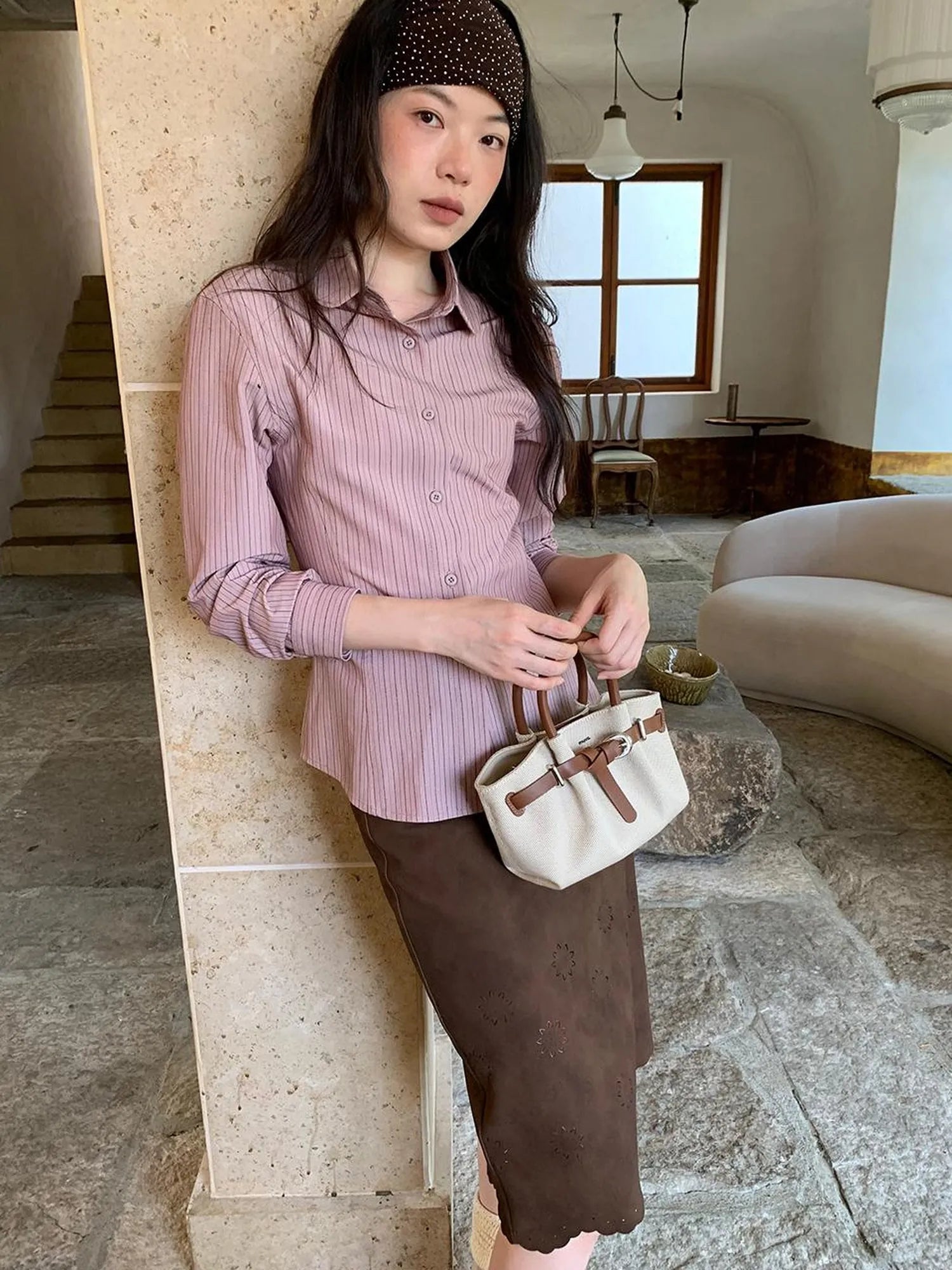 Classic Slim Fit Striped Shirt For Women With Waist Definition