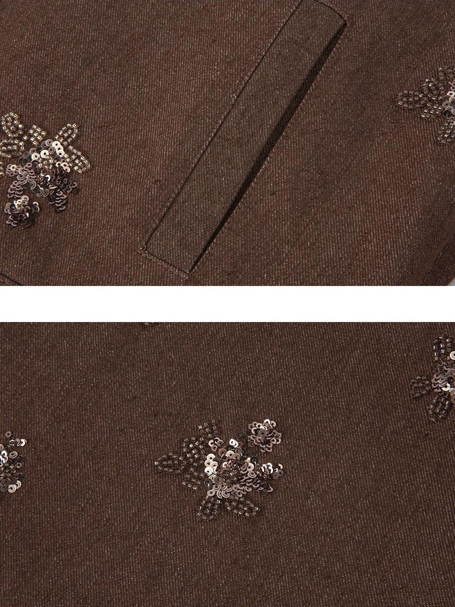 Dorydory Coffee Brown High Neck 3d Embroidered Beaded Women&