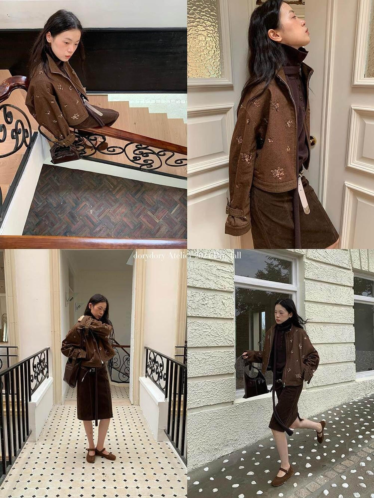 Dorydory Coffee Brown High Neck 3d Embroidered Beaded Women&