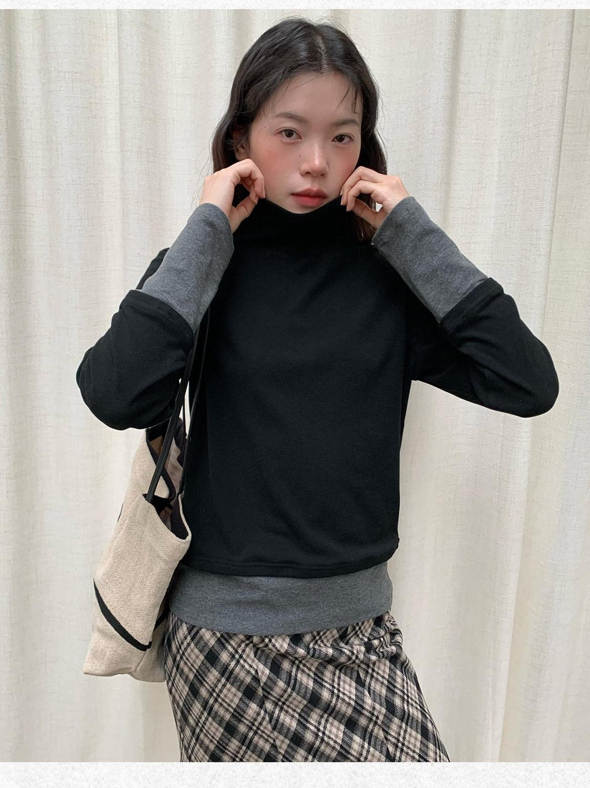 Dorydory Colorblock Faux Layered Mock Neck Women&