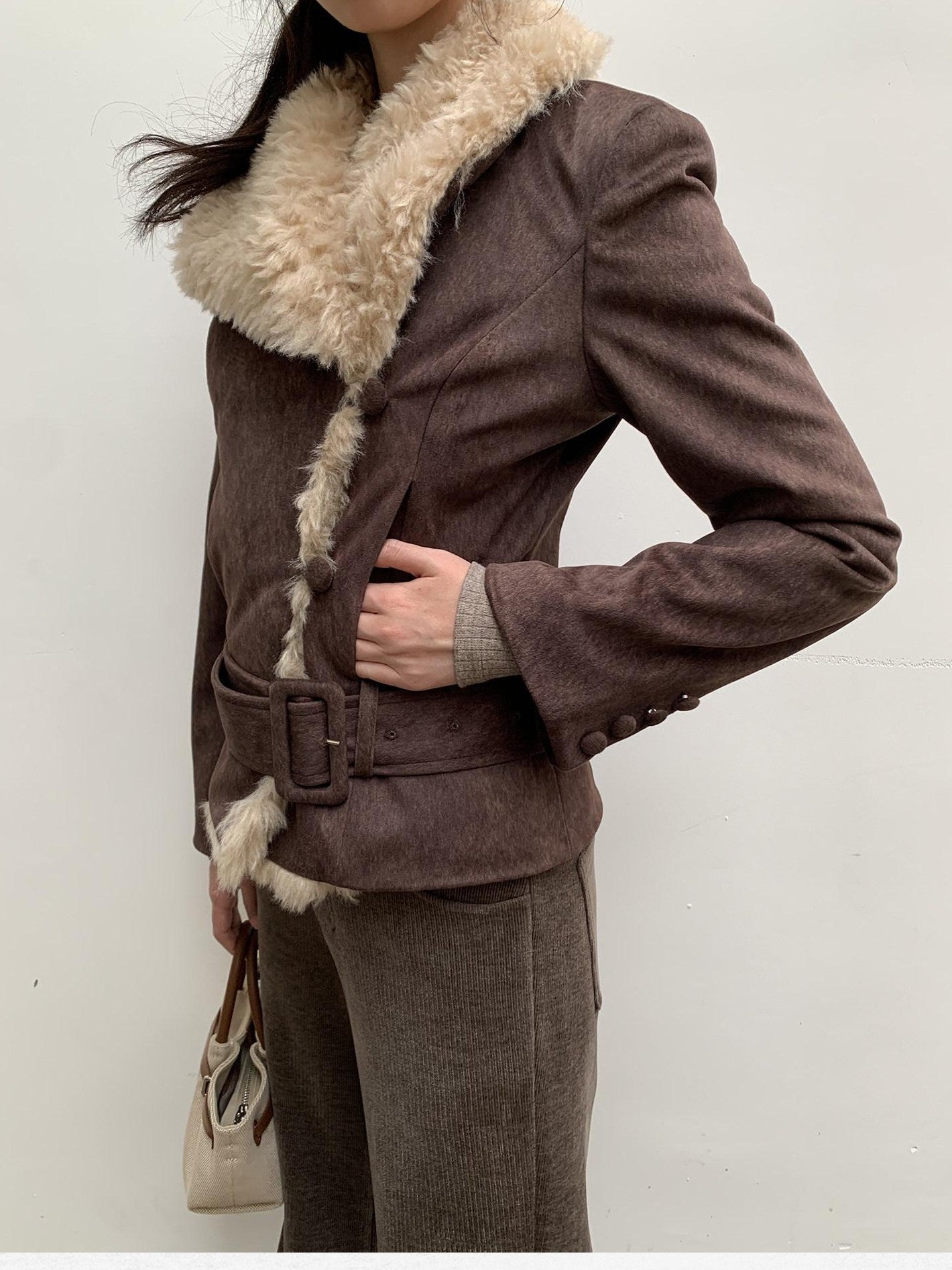 Dorydory Commuter Shearling Patchwork Lapel Slim Fit Women&