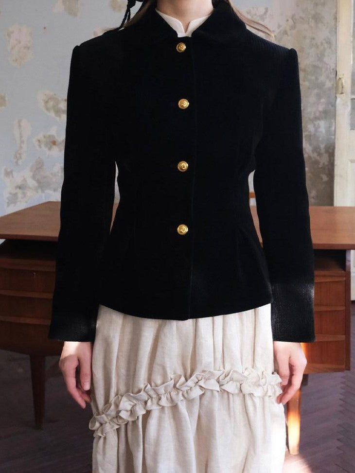 Dorydory Corduroy Waist Cinched Slim Short Buttoned Round Neck Women&