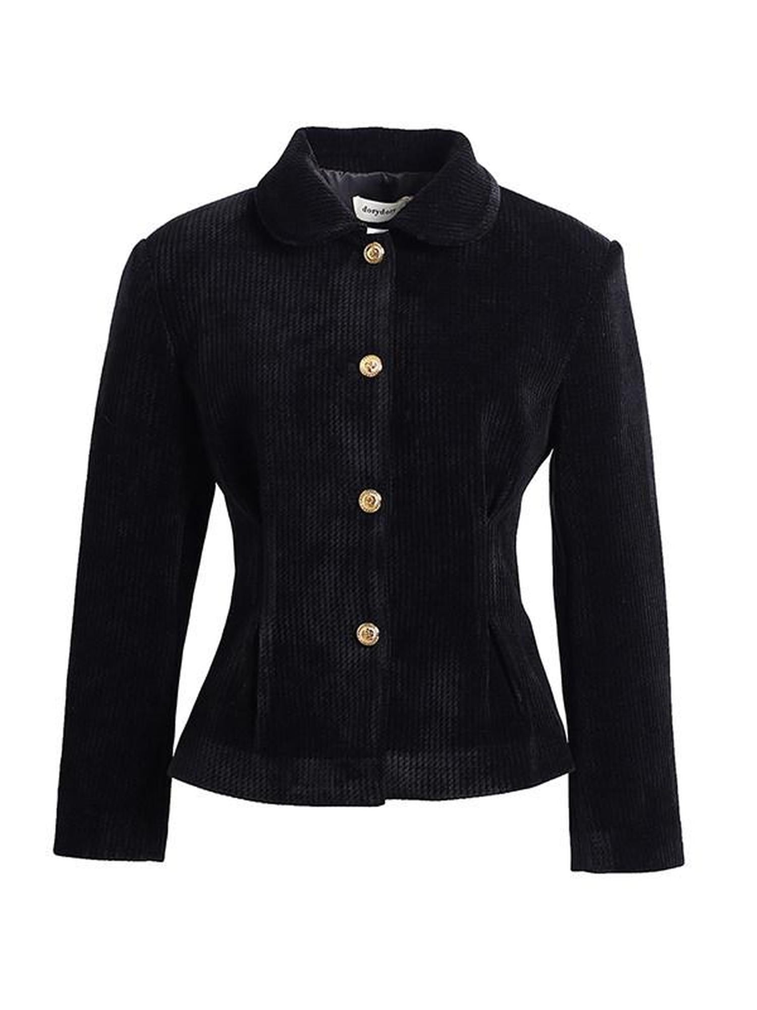 Dorydory Corduroy Waist Cinched Slim Short Buttoned Round Neck Women&