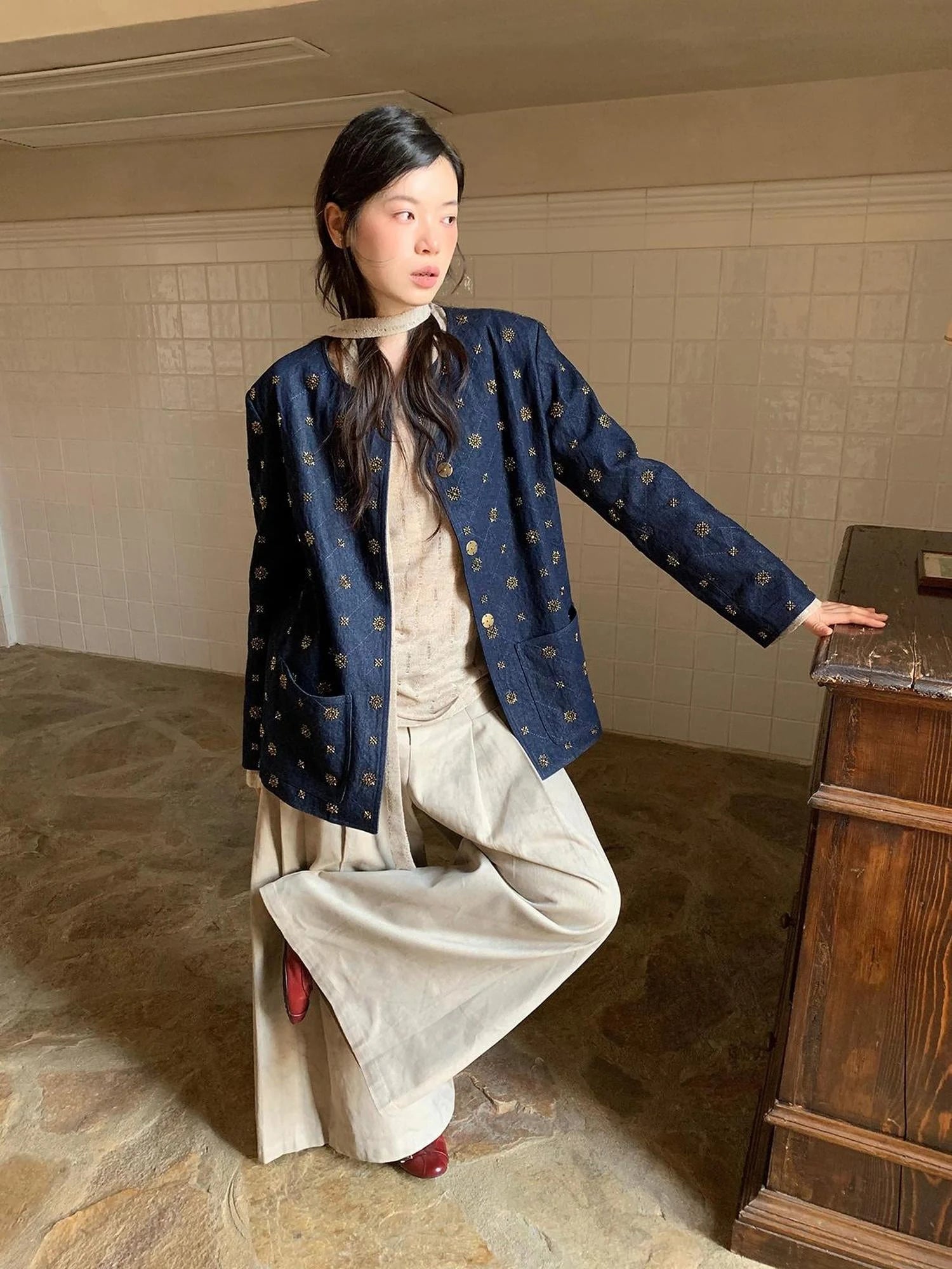 Cotton Embroidered Beaded Jacket With Color Block Design