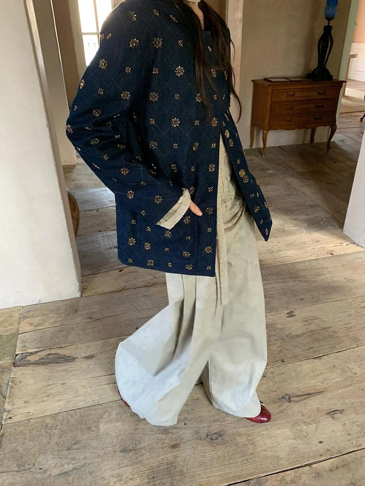 Cotton Embroidered Beaded Jacket With Color Block Design